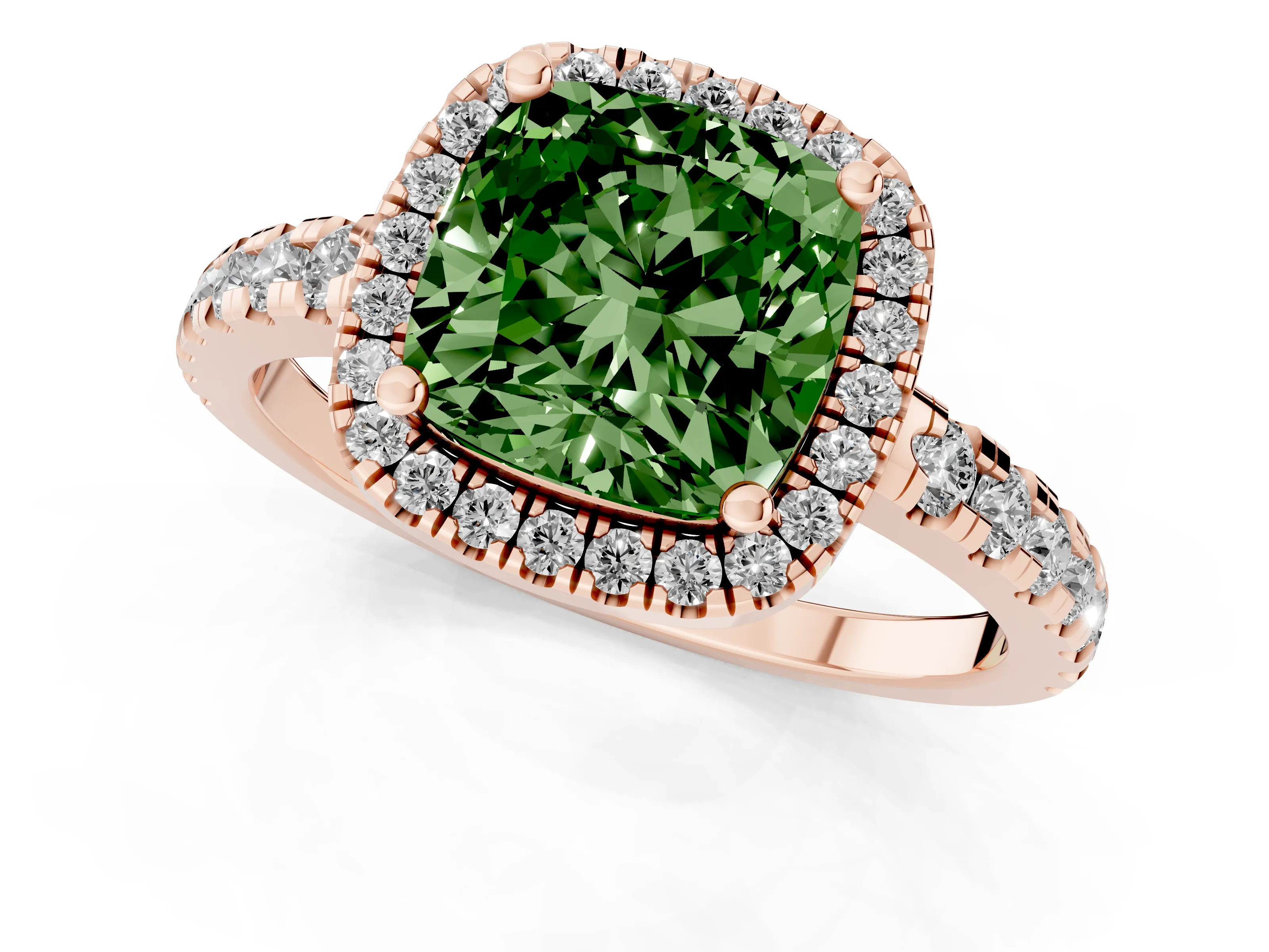Fancy Green Cushion Cut Diamond Halo Ring Set in Rose gold with Delicate Pavé Band and Prong Setting