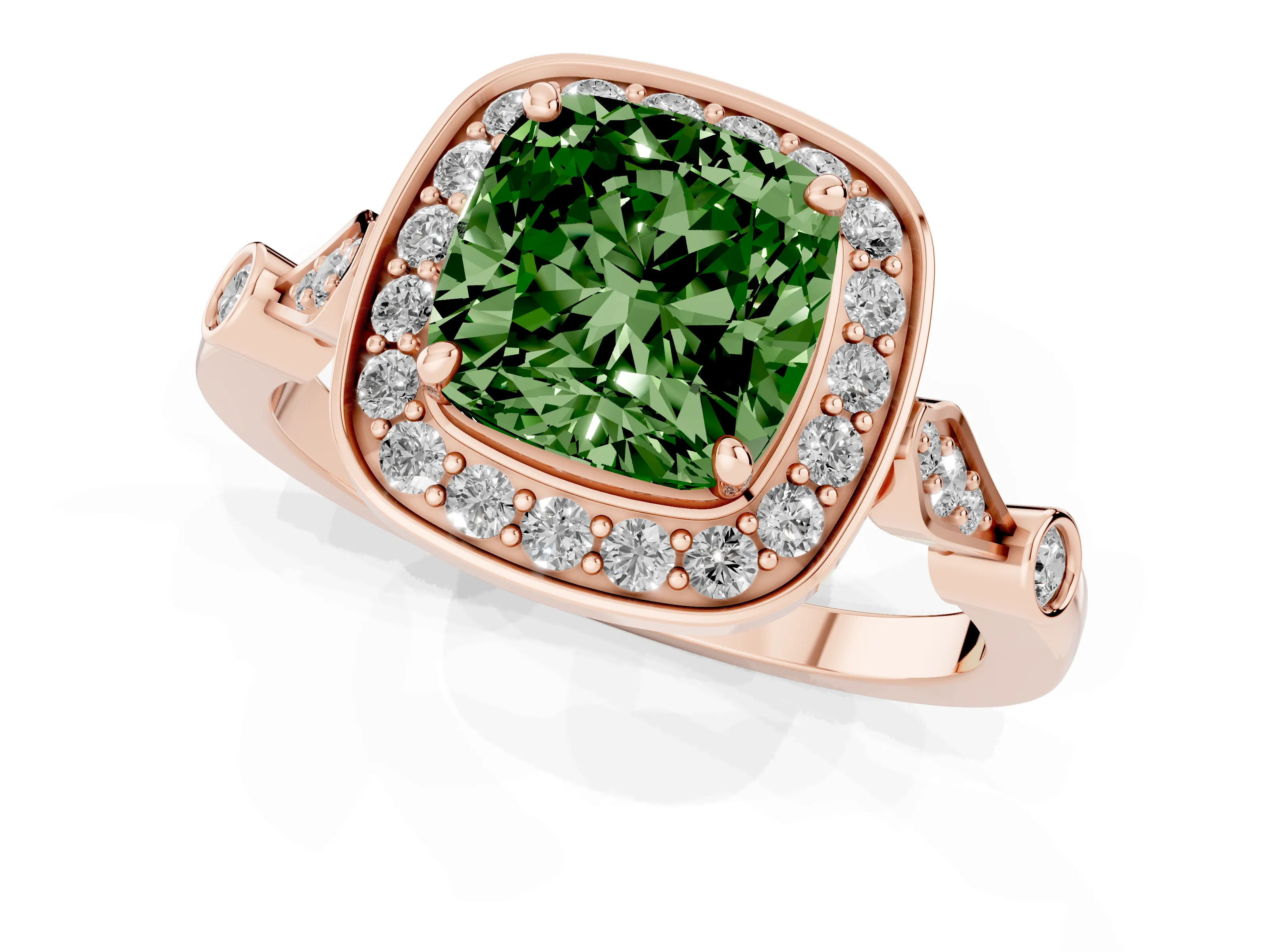 Fancy Green Cushion Cut Diamond Halo Engagement Ring Set in Rose gold with Twisted Band and Prong Setting