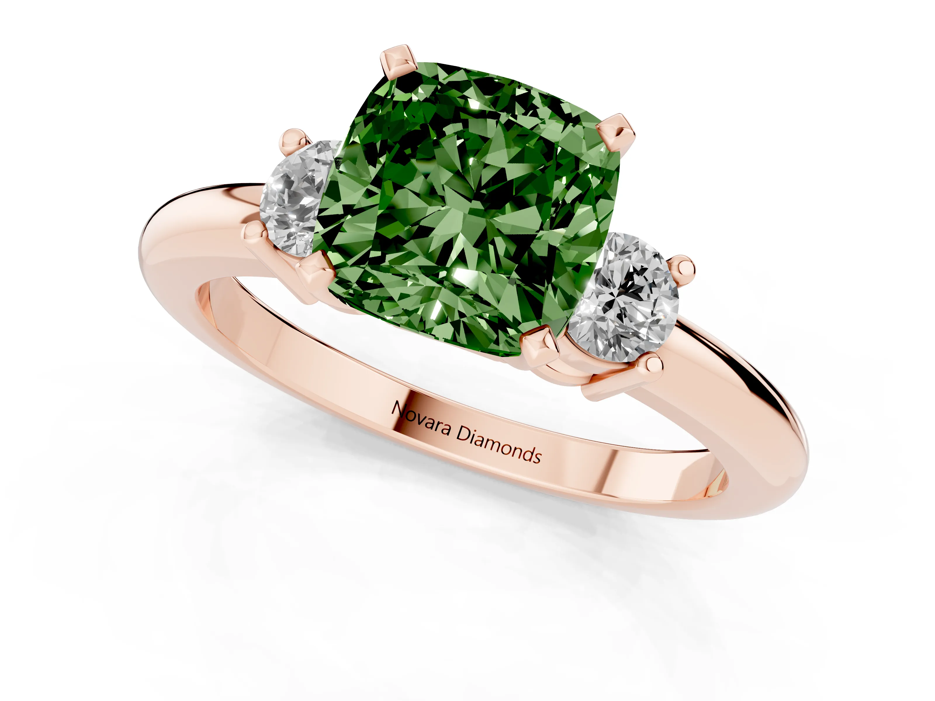 Fancy Green Three-Stone Cushion Cut Diamond Ring Set in Rose gold with Prong Setting and Plain Band