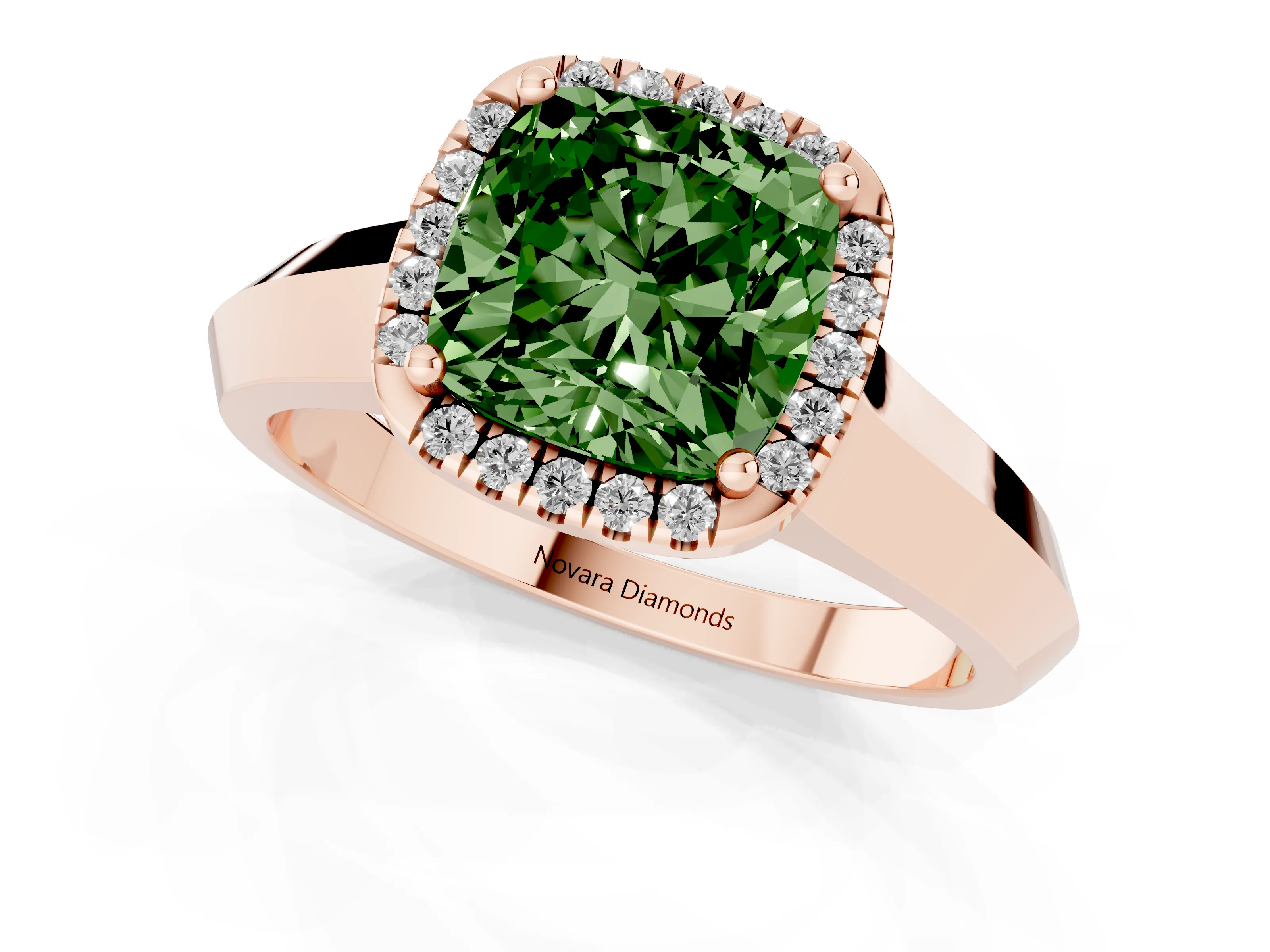 Fancy Green Cushion Cut Diamond Halo Ring Set in Rose gold with Cathedral Band and Prong Setting