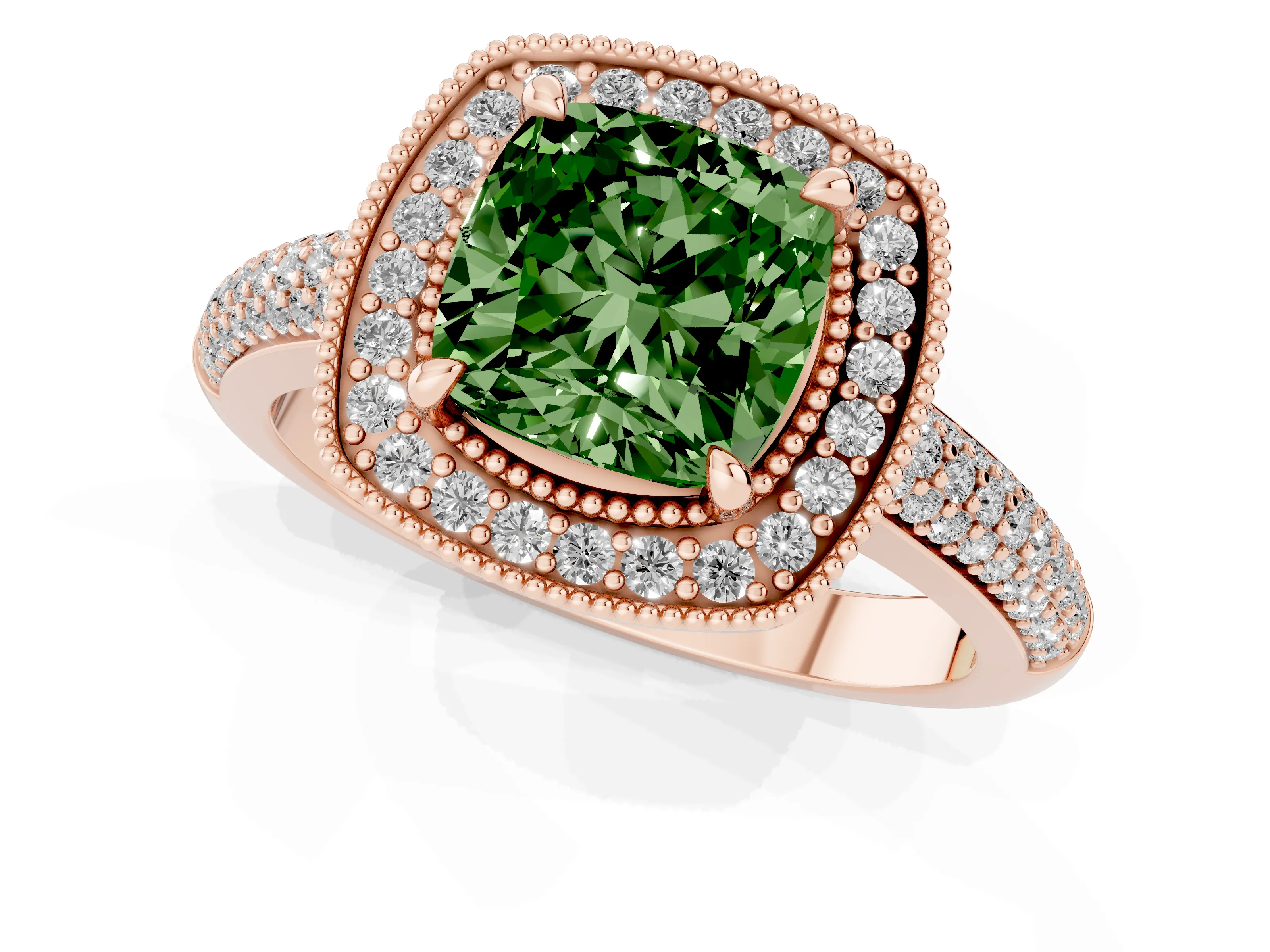 Fancy Green Cushion Cut Diamond Halo Pavé Band Set in Rose gold with Prong Setting