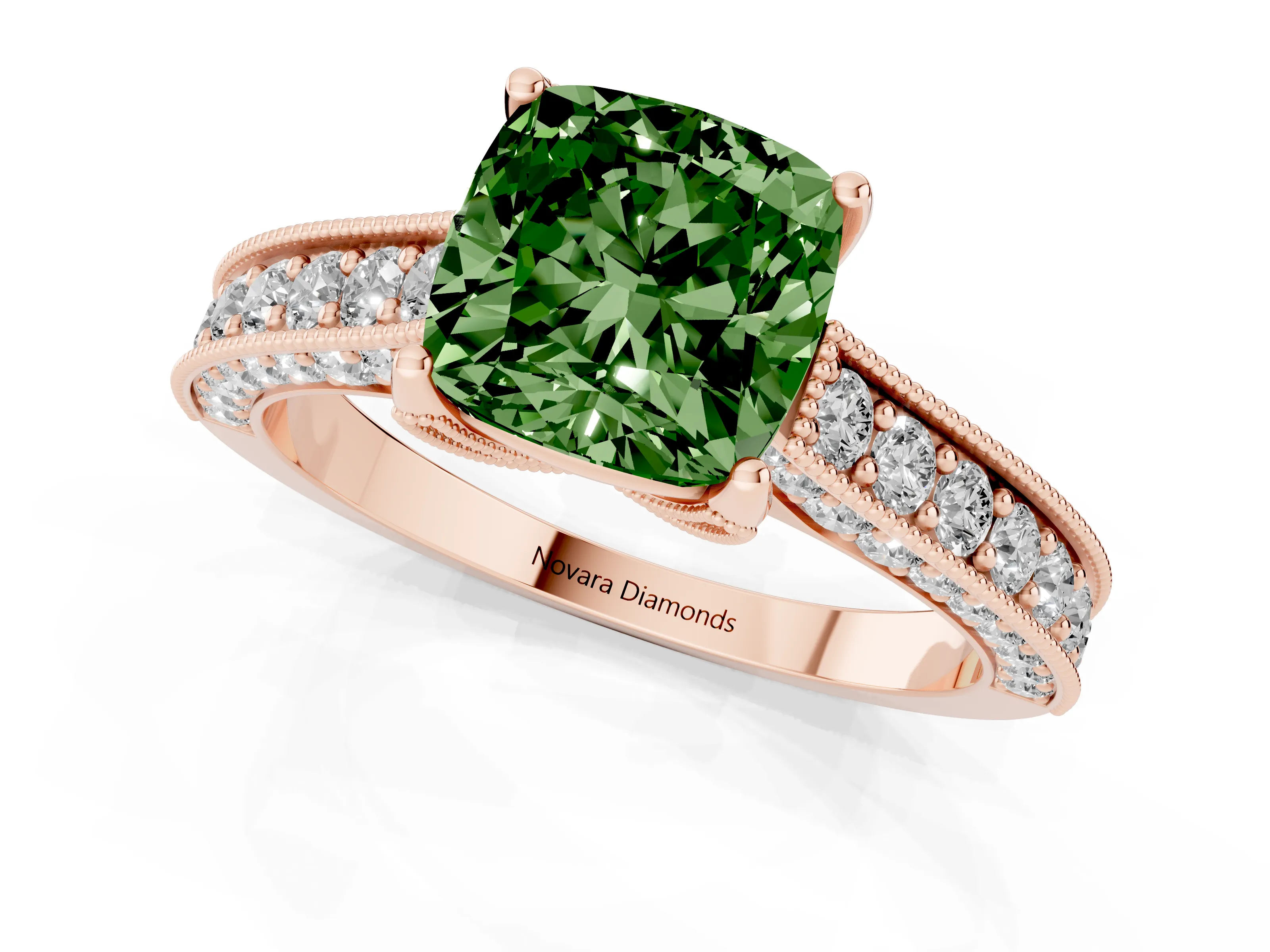 Fancy Green Cushion Cut Diamond Solitaire Ring Set in Rose gold with Milgrain-Edged Pavé Band and Prong Setting