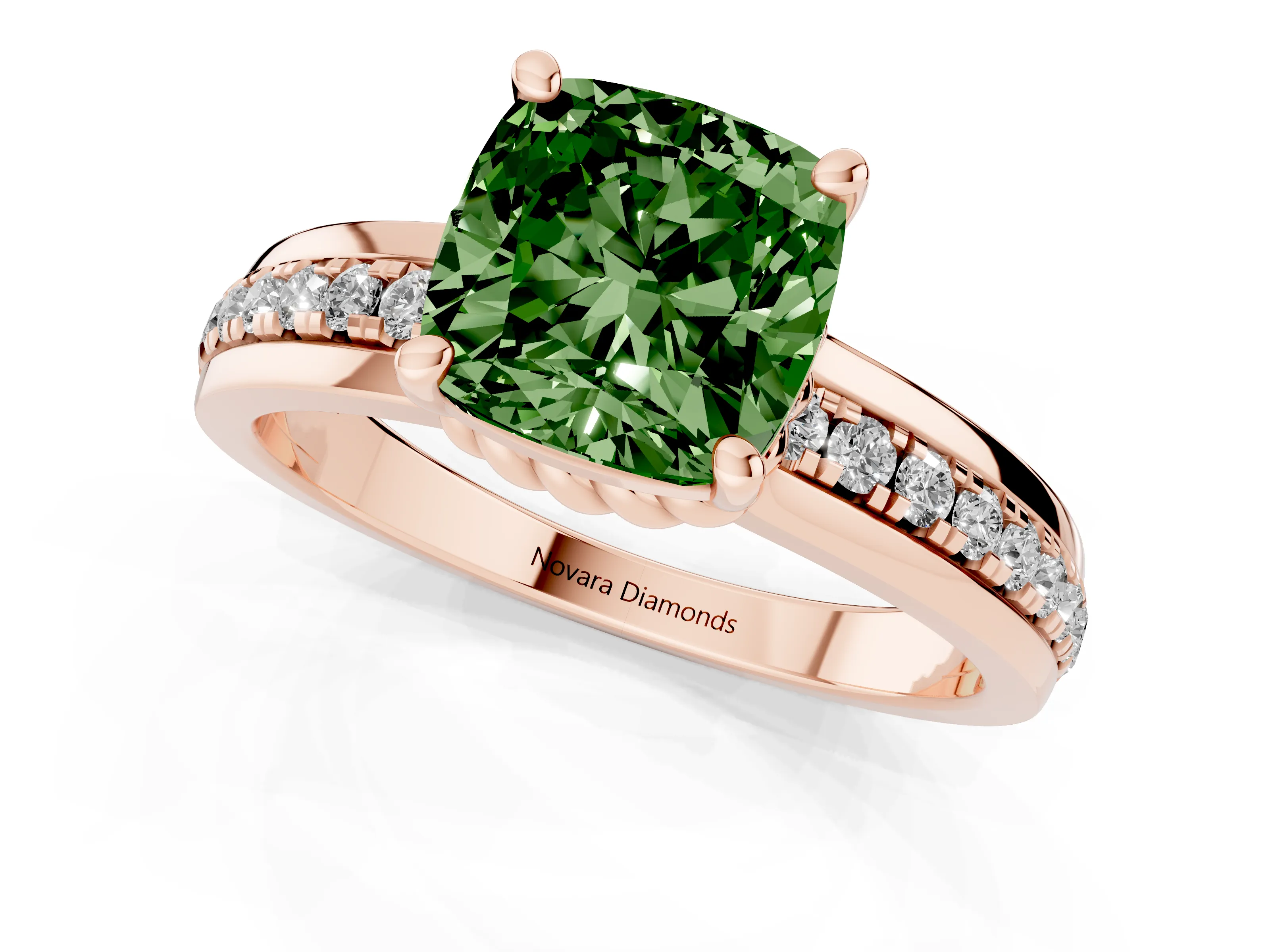 Fancy Green Cushion Cut Diamond Solitaire Ring Set in Rose gold with Channel Set Band and Prong Setting