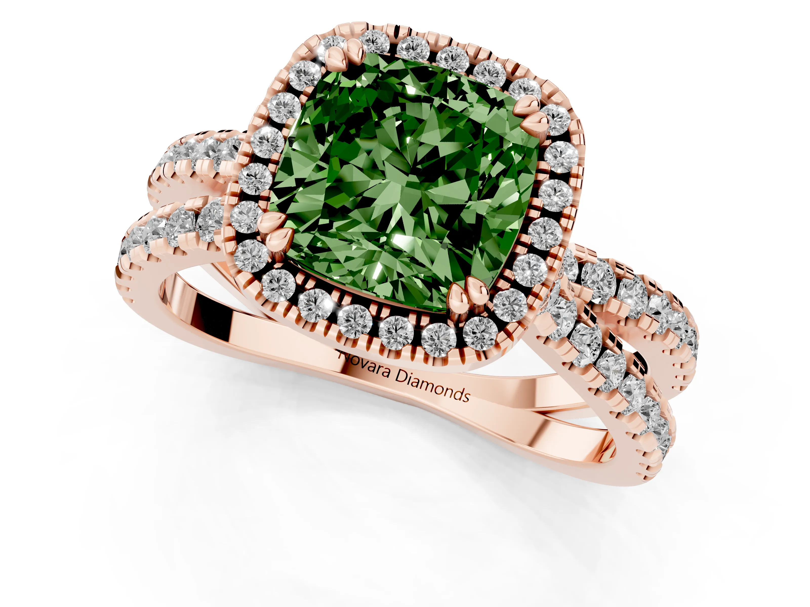 Fancy Green Cushion Cut Diamond Halo Split Shank Ring Set in Rose gold with Pavé Setting