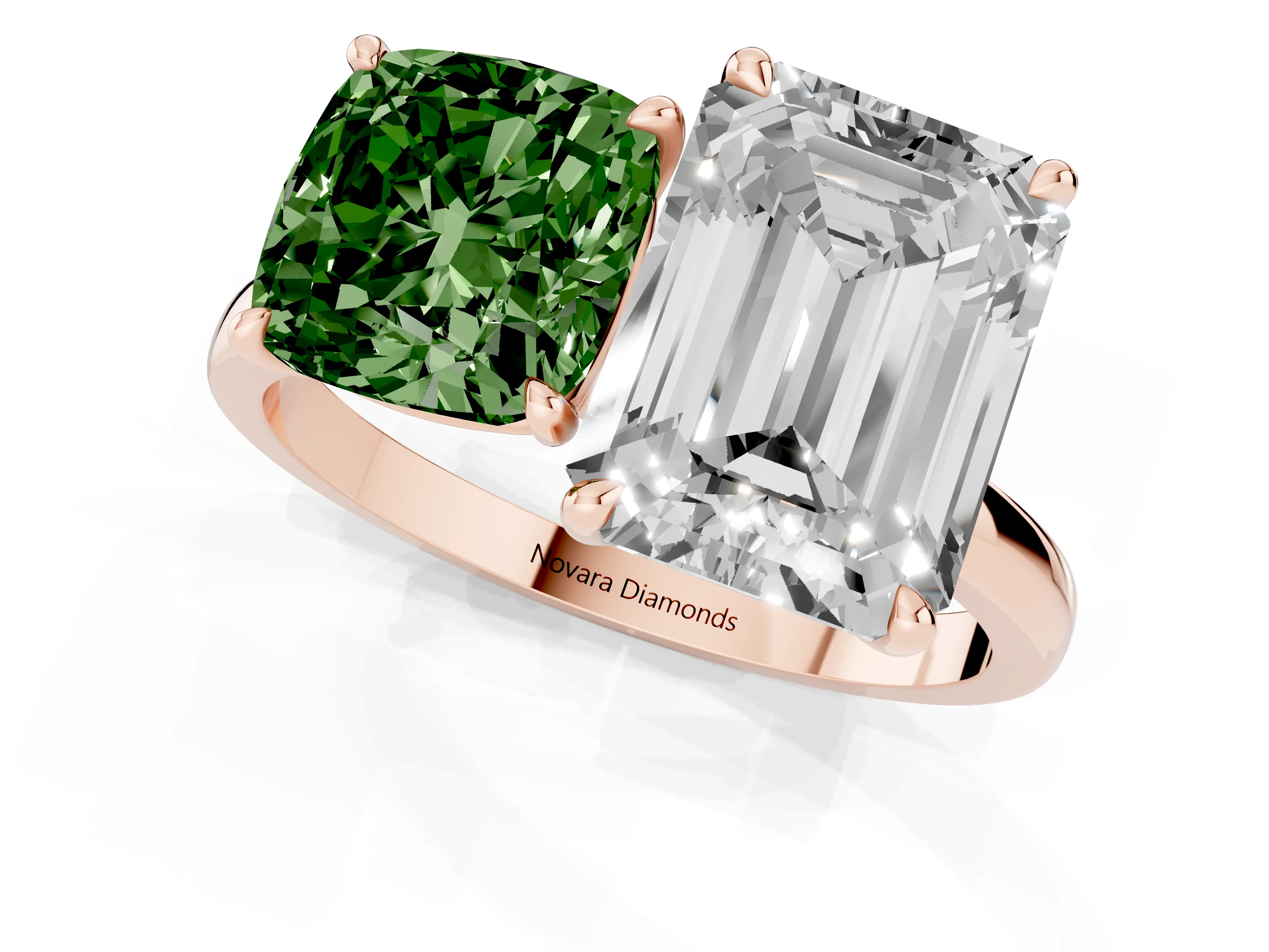 Fancy Green Cushion Cut and Emerald Cut Toi Moi Ring Set in Rose gold with Prong Setting