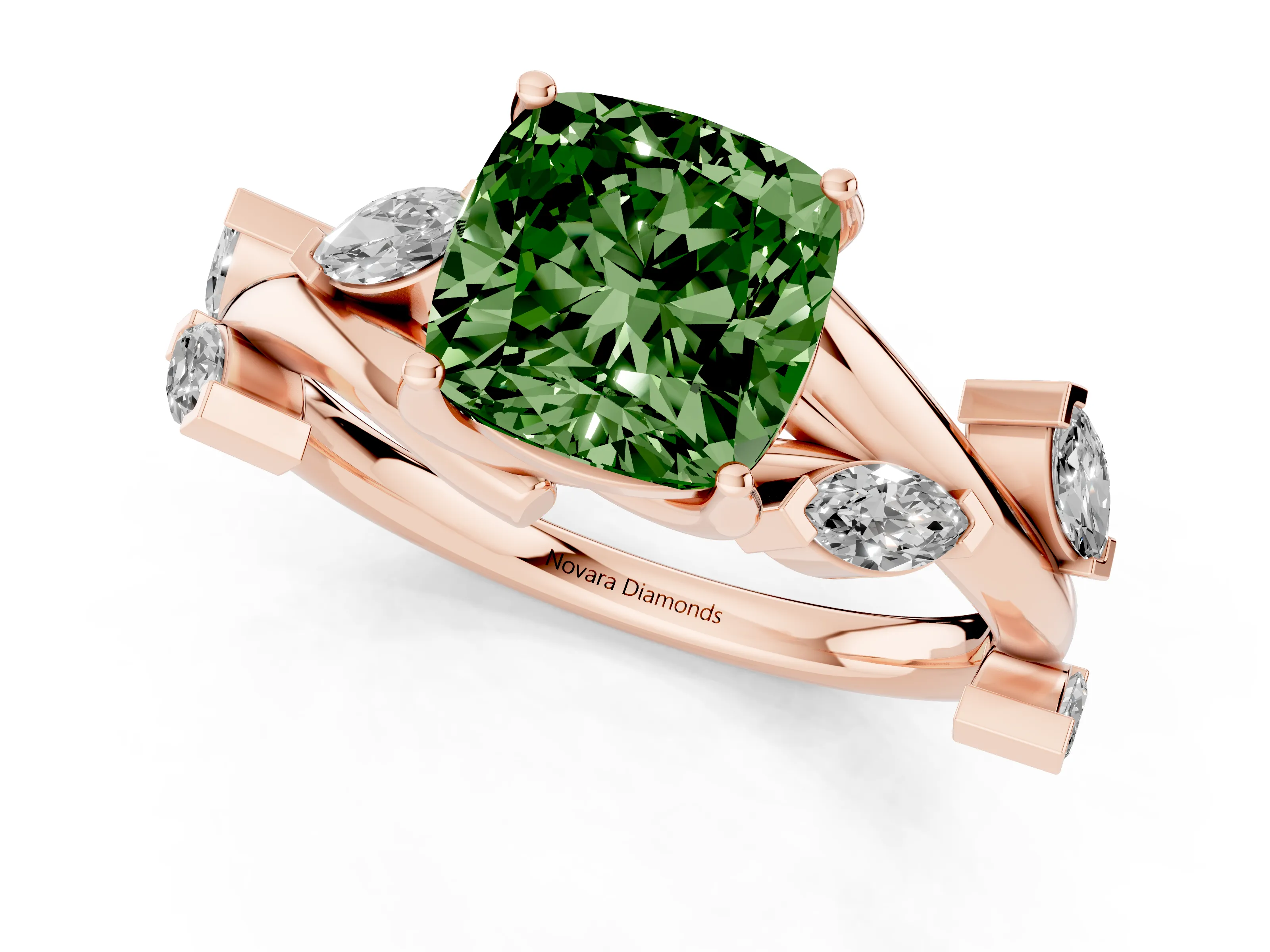 Fancy Green Cushion Cut Diamond Solitaire Ring Set in Rose gold with Twisted Marquise Accent Band