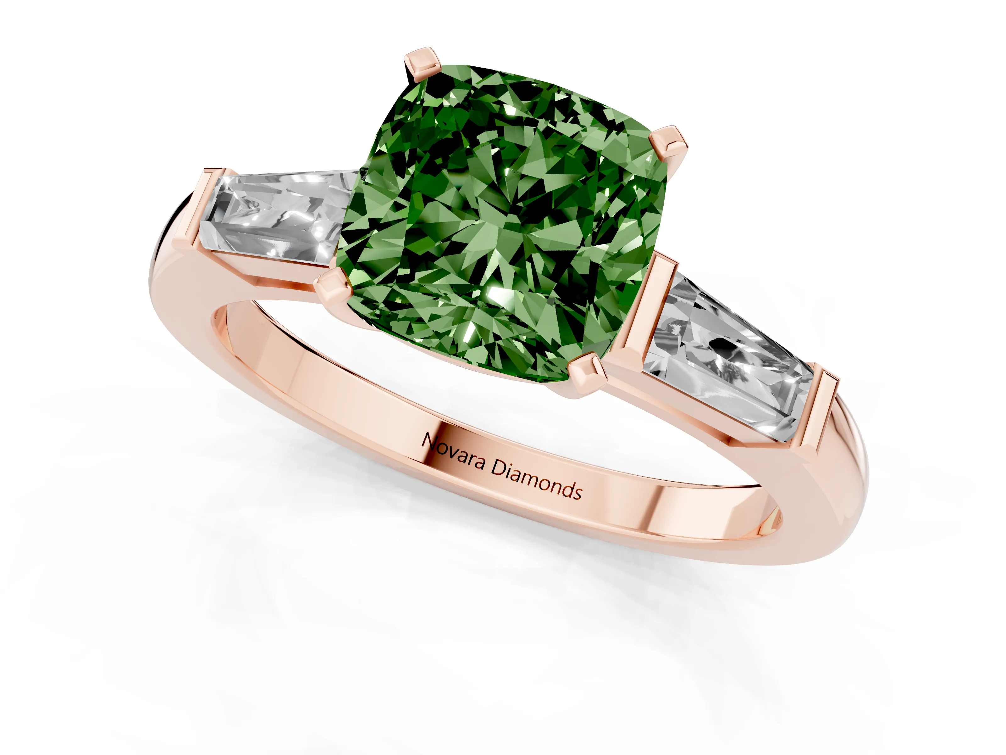 Fancy Green Cushion Cut Diamond Solitaire Ring Set in Rose gold with Tapered Baguette Side Stones and Prong Setting