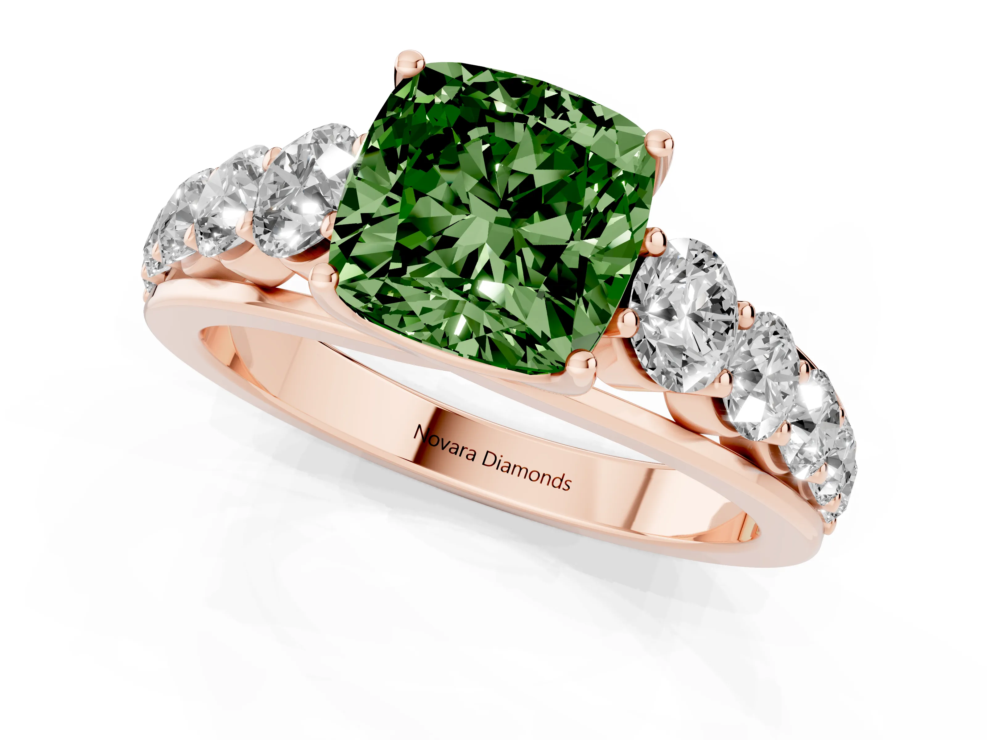 Fancy Green Cushion Cut Diamond Solitaire Ring Set in Rose gold with Pavé-Set Band and Prong Setting