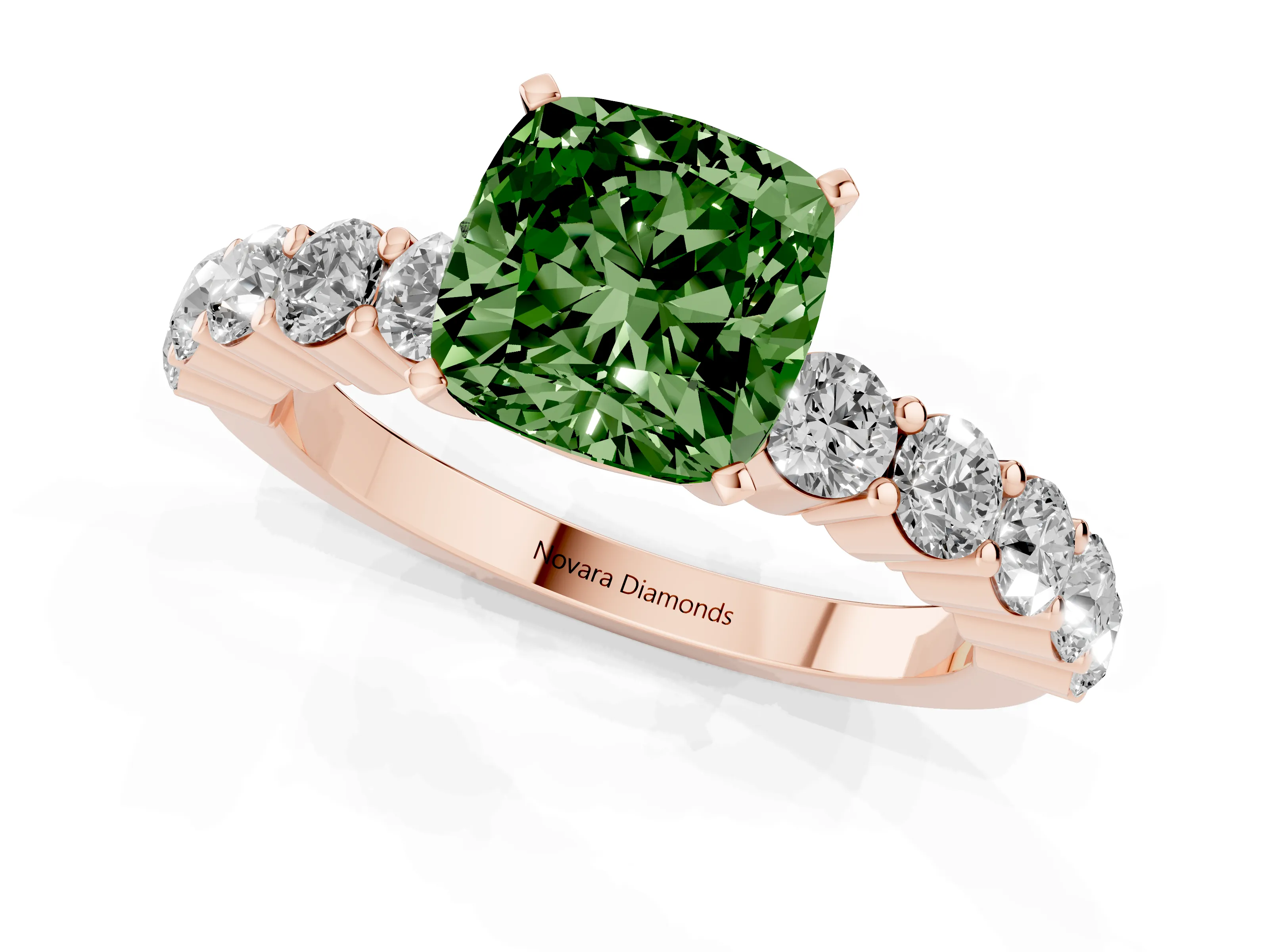 Fancy Green Cushion Cut Diamond Solitaire Ring Set in Rose gold with Shared Prong Round Side Stones