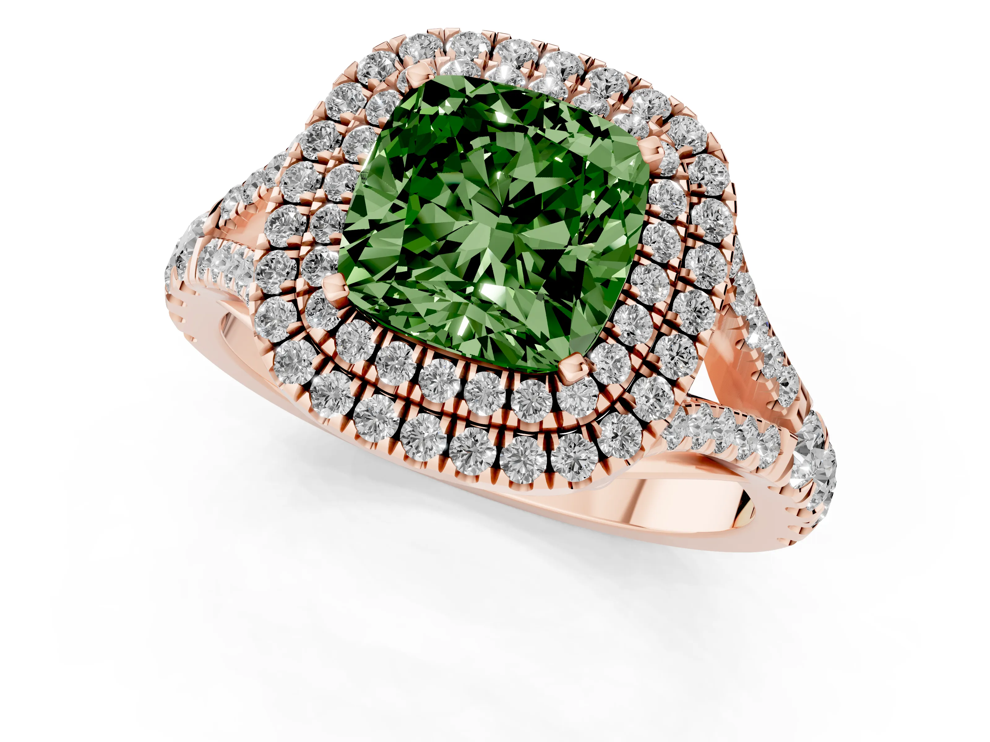 Fancy Green Cushion Cut Diamond Pavé Split Shank Double Halo Engagement Ring Set in Rose gold