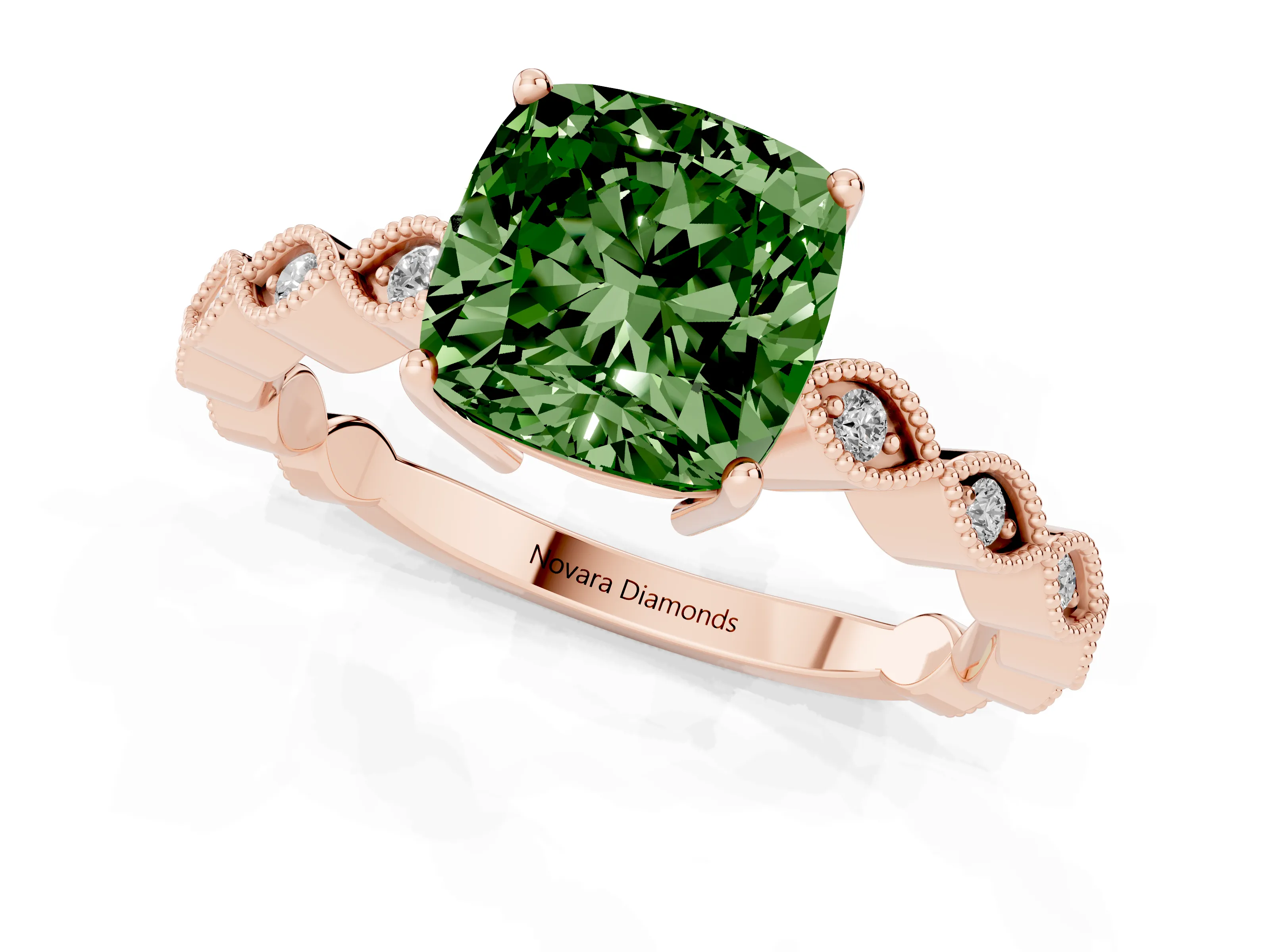 Fancy Green Cushion Cut Diamond Solitaire Ring Set in Rose gold with Infinity Twist Pavé Band