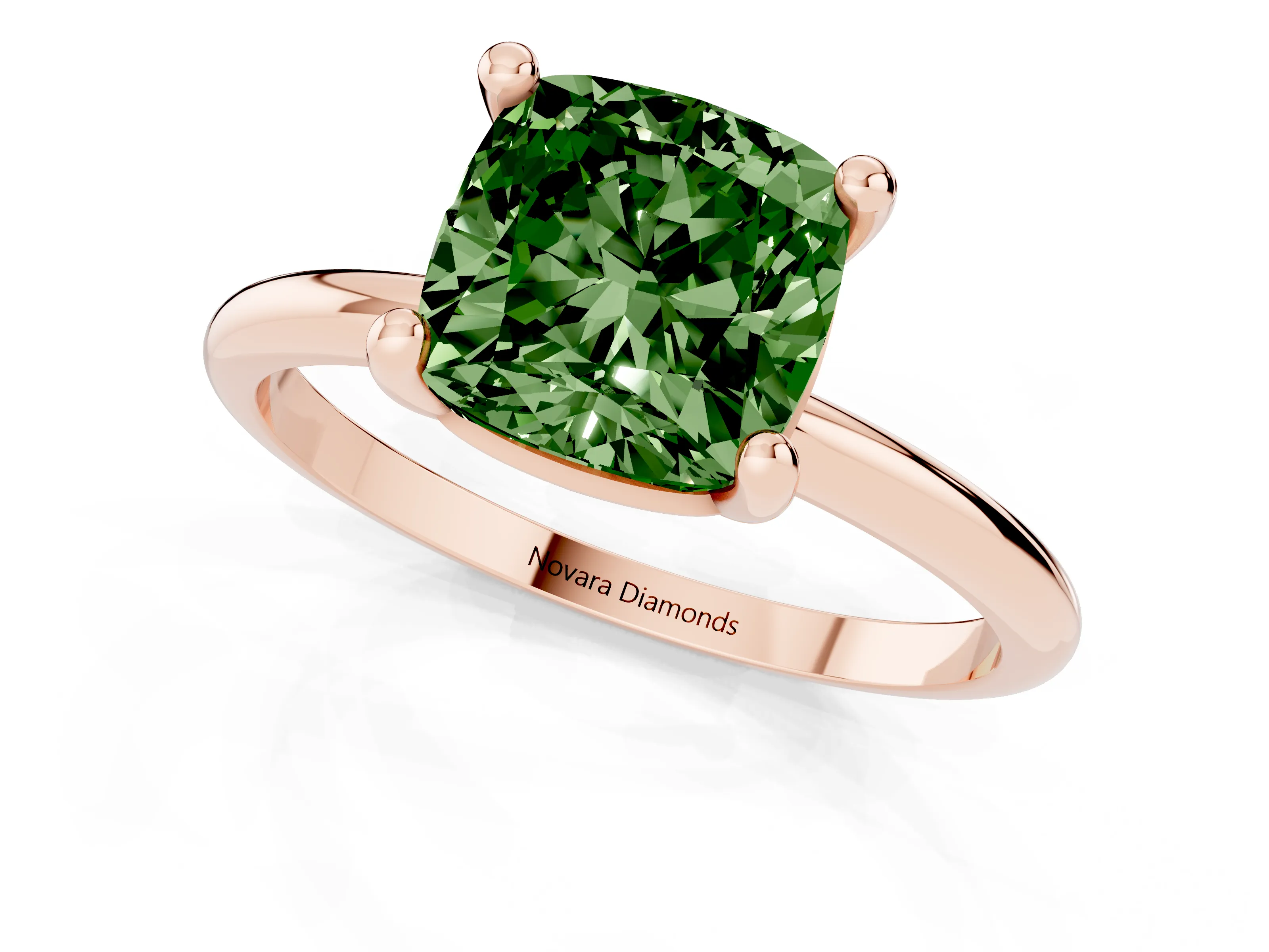 Fancy Green Cushion Cut Diamond Solitaire Ring Set in Rose gold with Secure Prong Setting on a Classic Band
