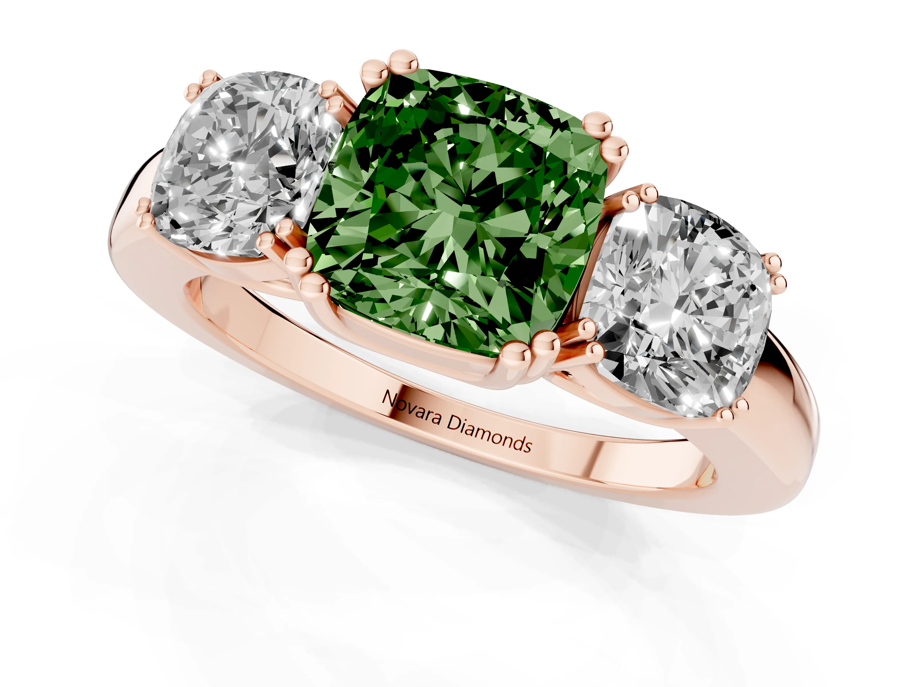 Fancy Green Cushion Cut Diamond Three-Stone Ring Set in Rose gold with Polished Band and Prong Setting