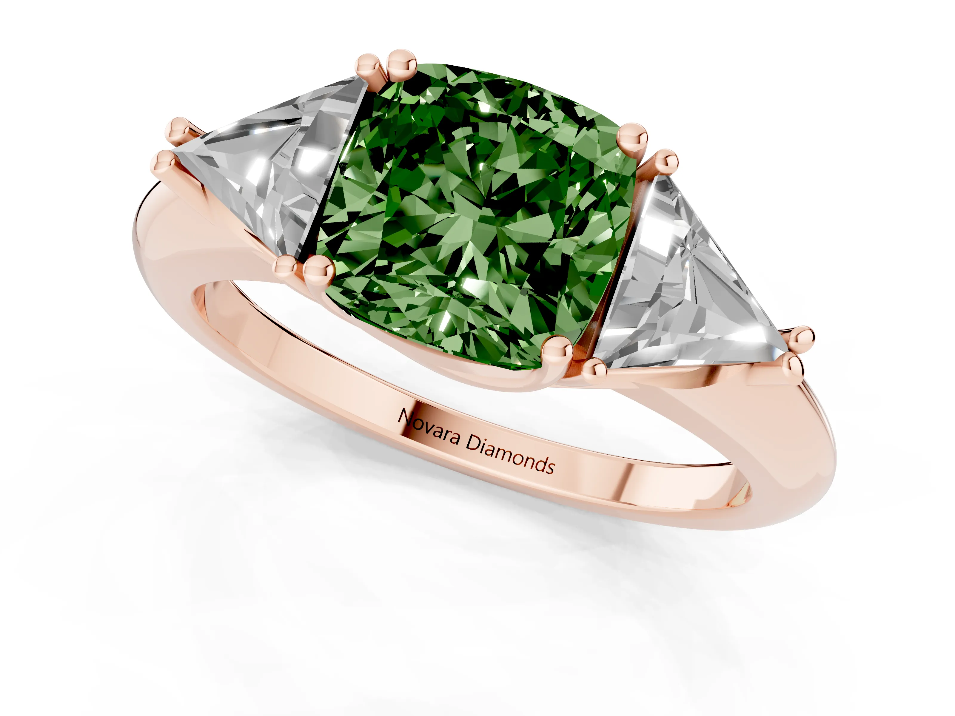 Fancy Green Cushion Cut Diamond Three-Stone Engagement Ring Set in Rose gold with Trillion Side Stones