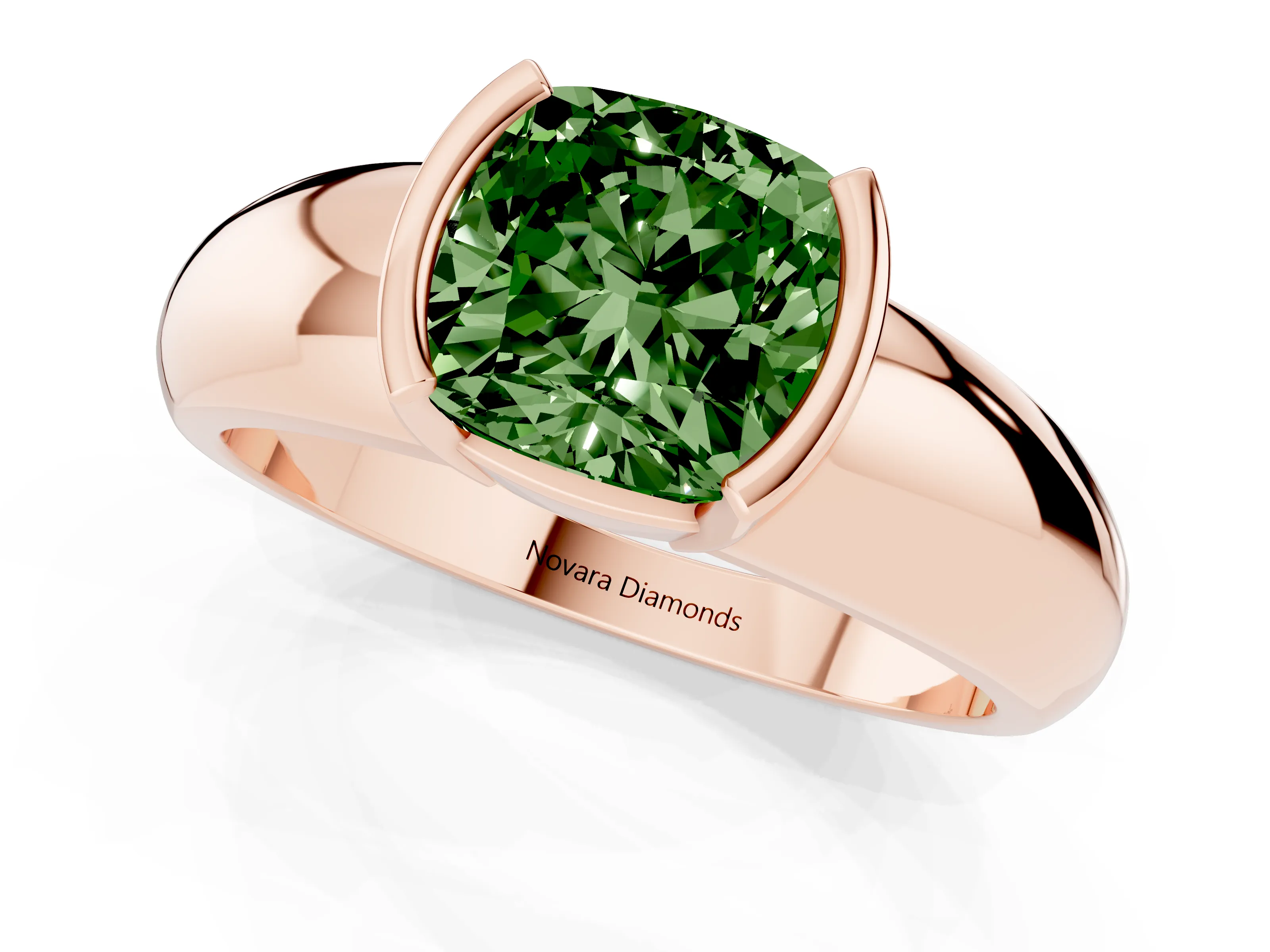 Fancy Green Cushion Cut Diamond Solitaire Tension Set Ring Set in Rose gold with Wide Band