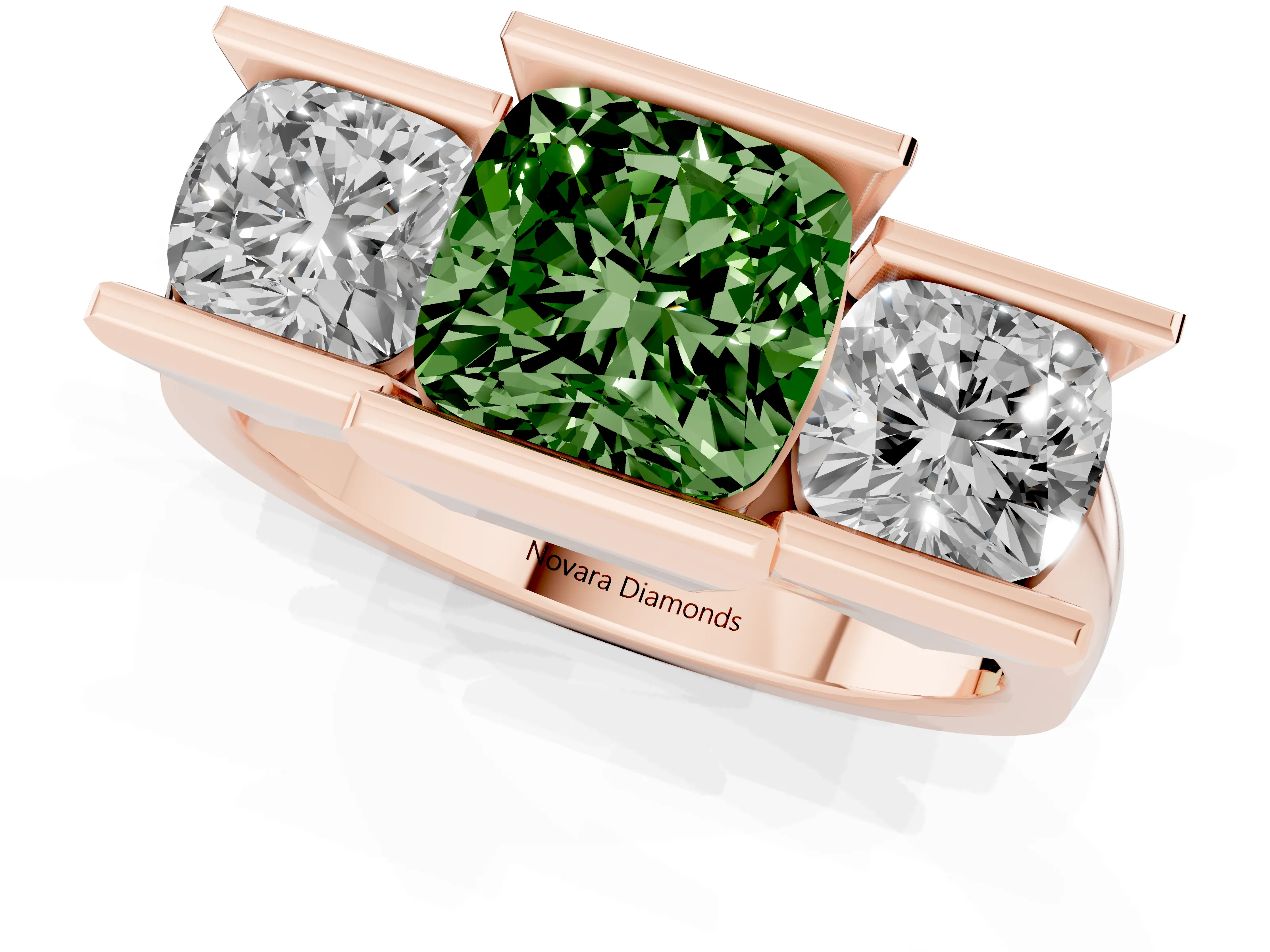 Fancy Green Cushion Cut Diamond Three-Stone Channel Set Ring Set in Rose gold with Smooth Polished Band