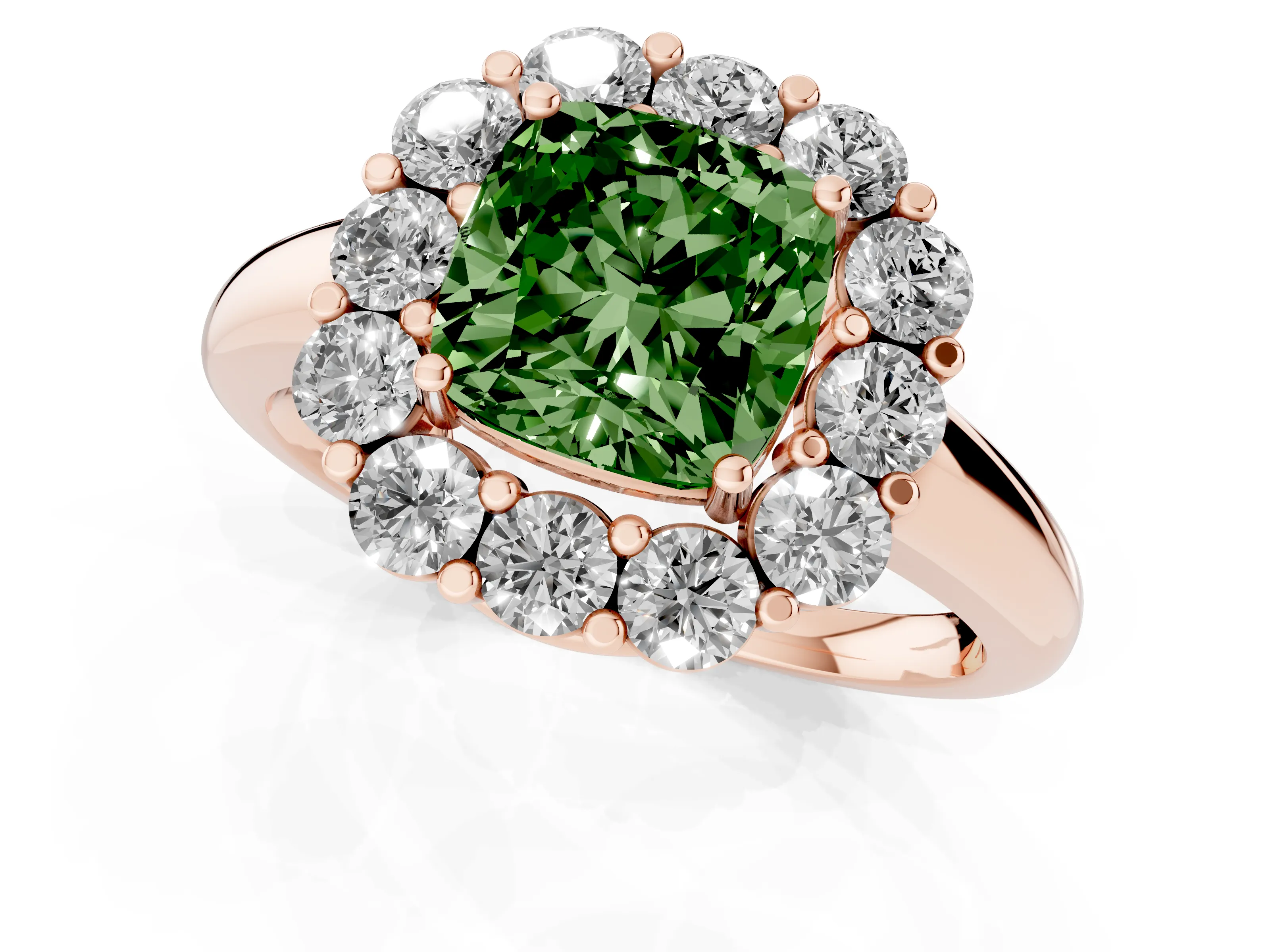 Fancy Green Cushion Cut Diamond Halo Cluster Engagement Ring Set in Rose gold with Polished Band and Prong Setting