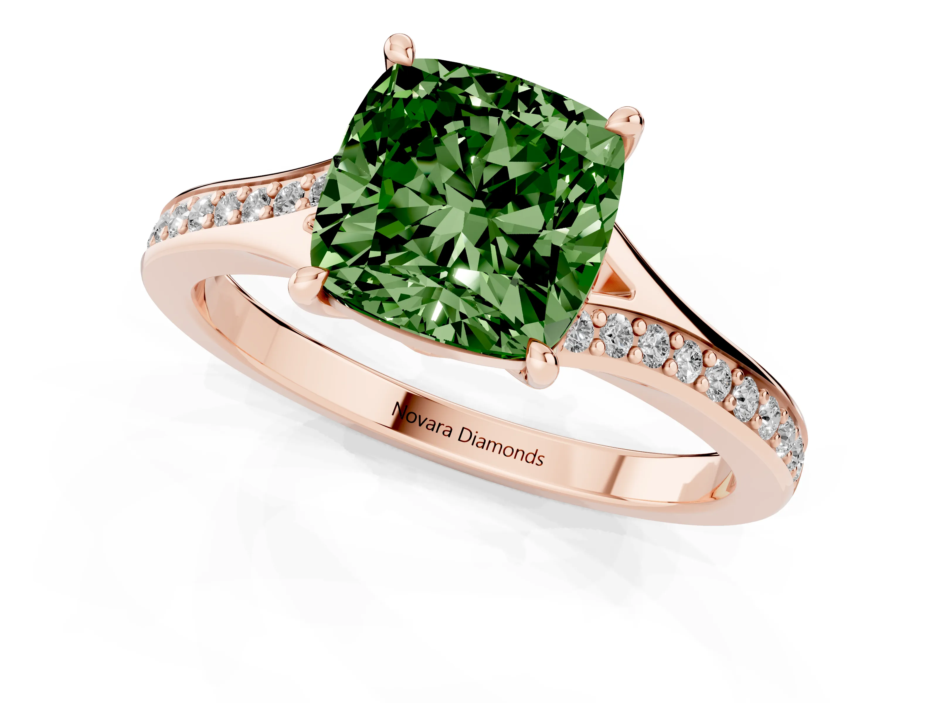Fancy Green Cushion Cut Diamond Solitaire Ring Set in Rose gold with Pavé Accent Band and Classic Prong Setting