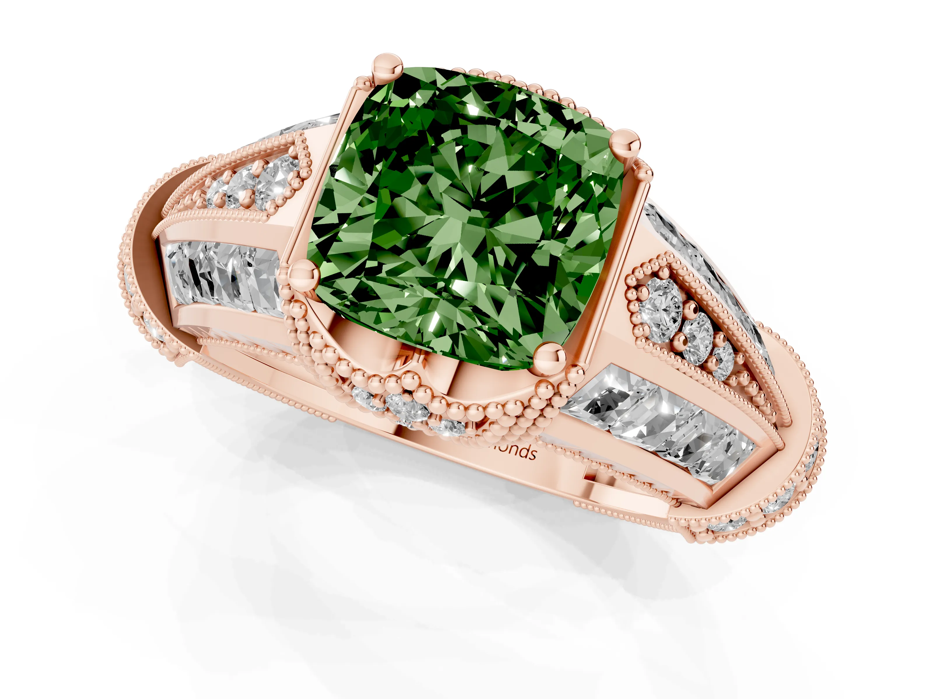 Fancy Green Cushion Cut Diamond Vintage-Inspired Milgrain Ring Set in Rose gold with Accent Split Shank