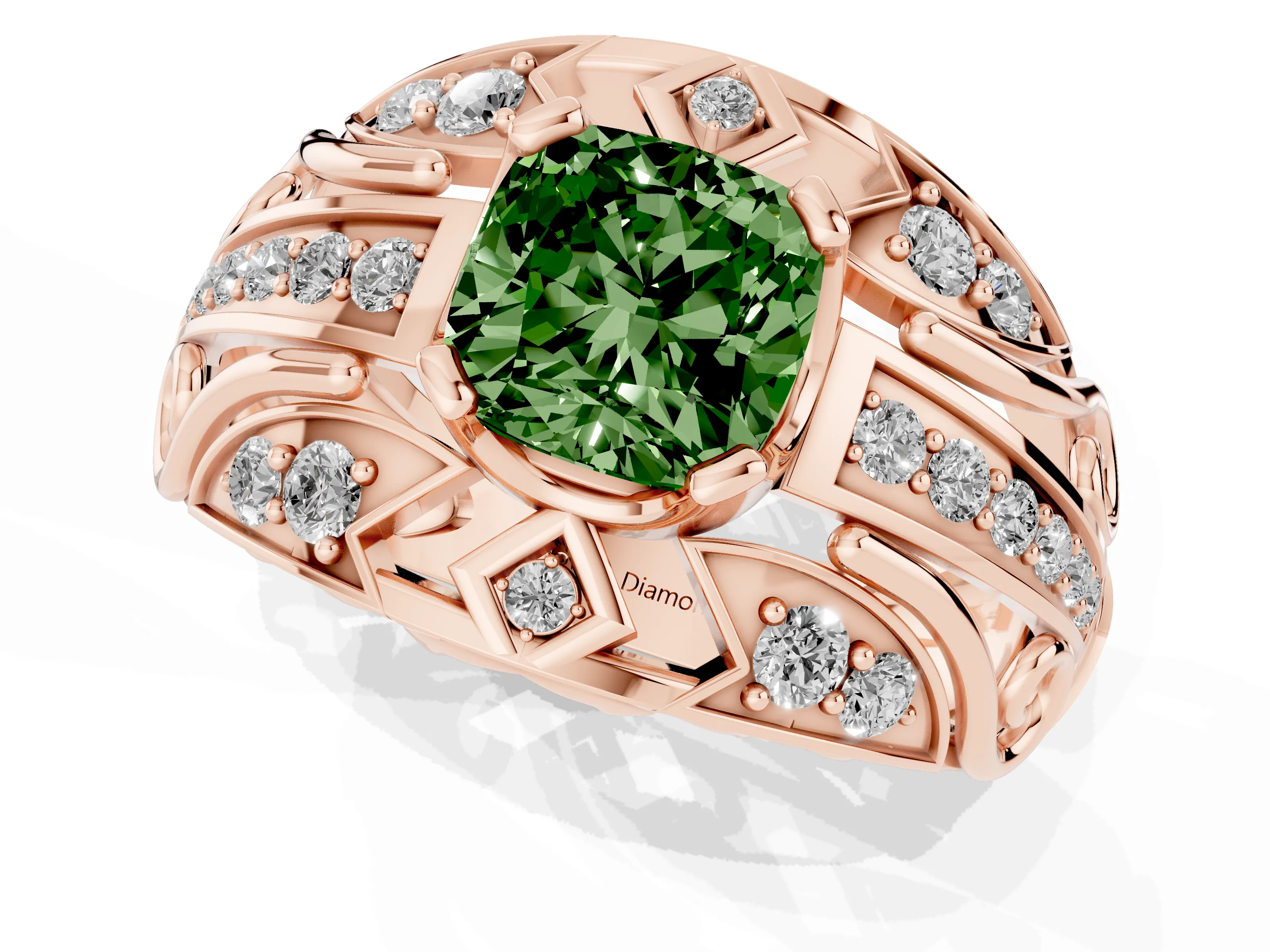 Fancy Green Cushion Cut Diamond Art Deco Ring Set in Rose gold with Pavé Split Shank