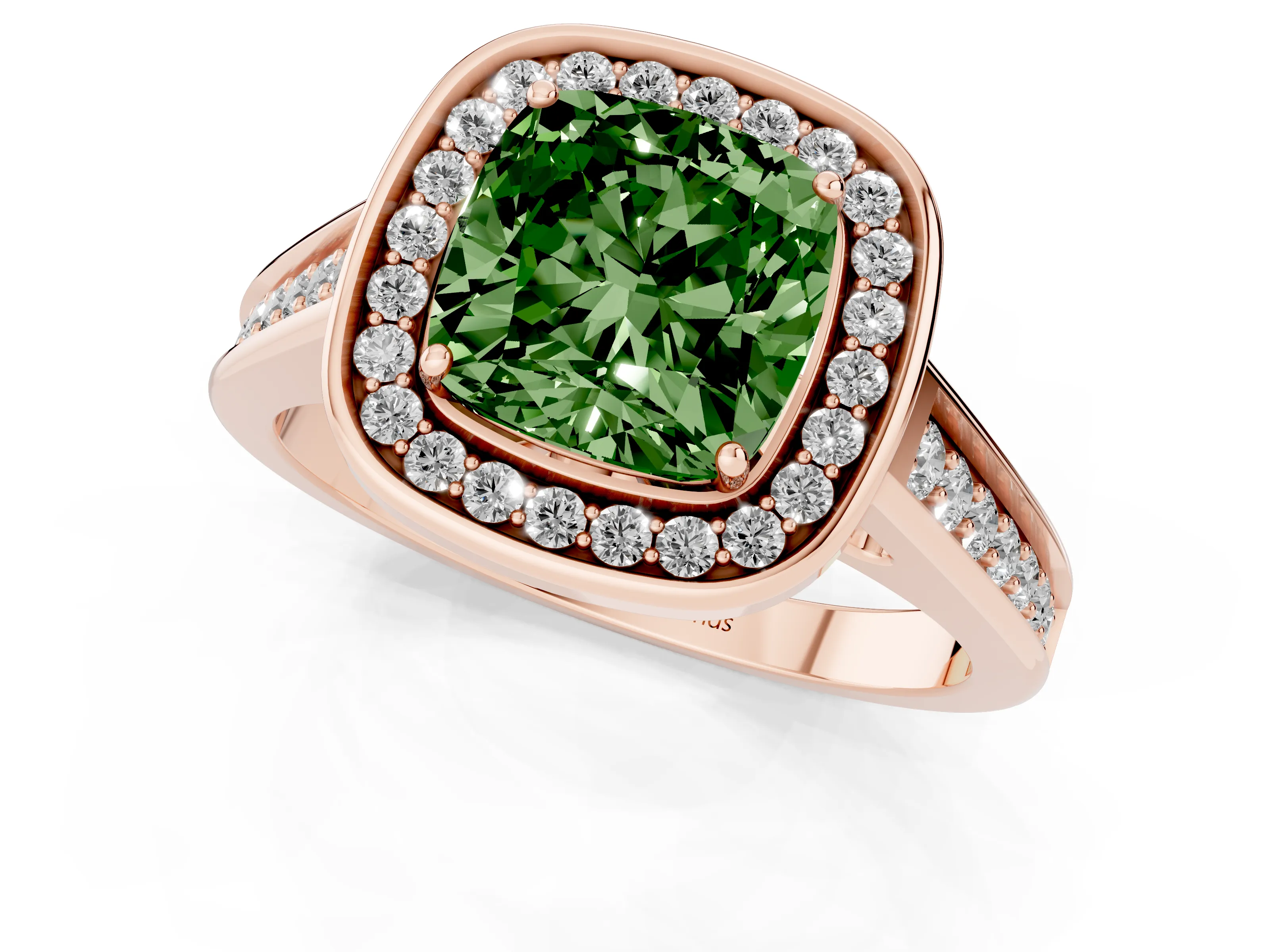 Fancy Green Cushion Cut Diamond Halo Solitaire Ring Set in Rose gold with Pavé Band and Bezel Setting