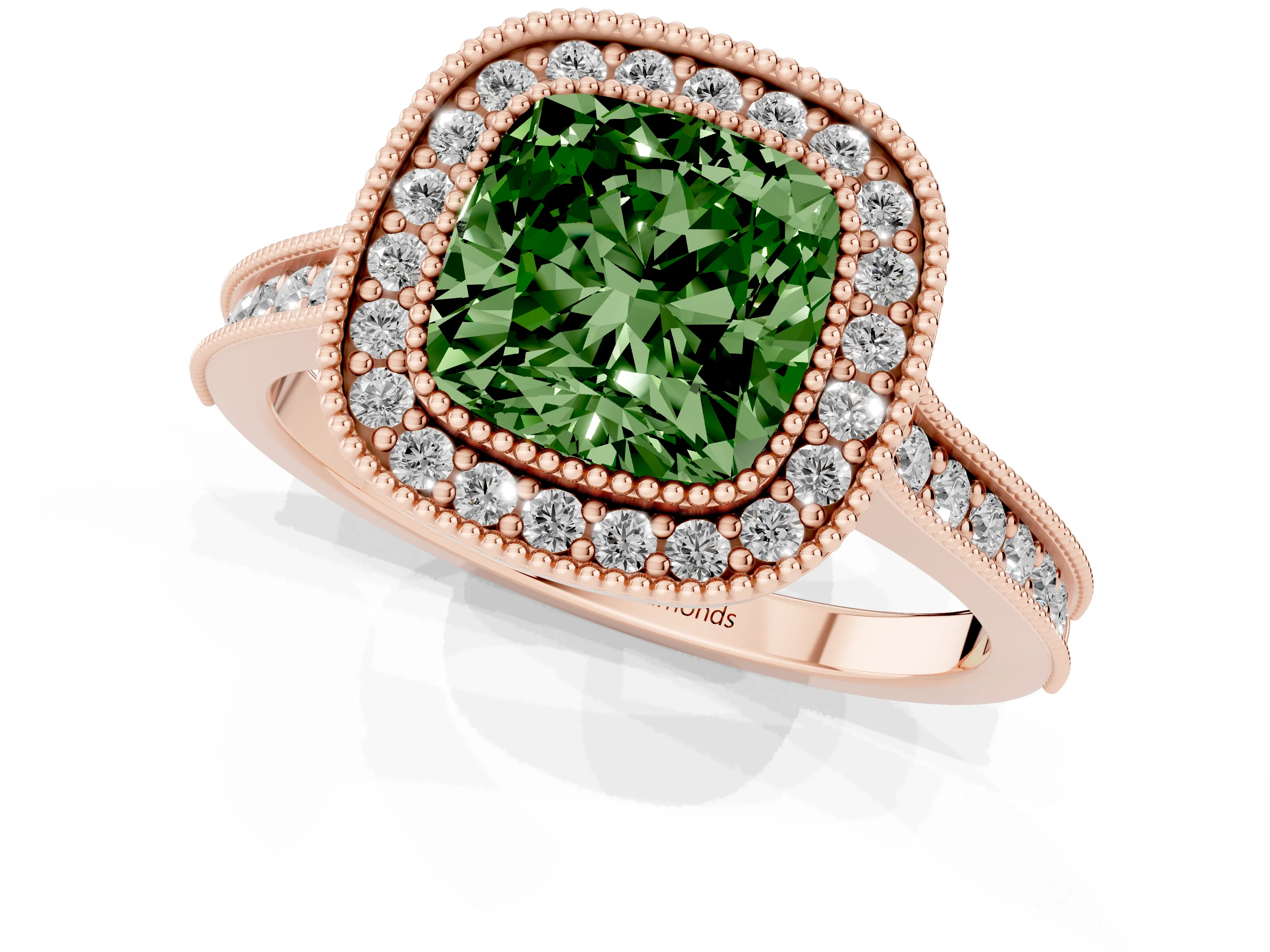 Fancy Green Cushion Cut Diamond Halo Milgrain Pavé Band Ring Set in Rose gold with Prong Setting