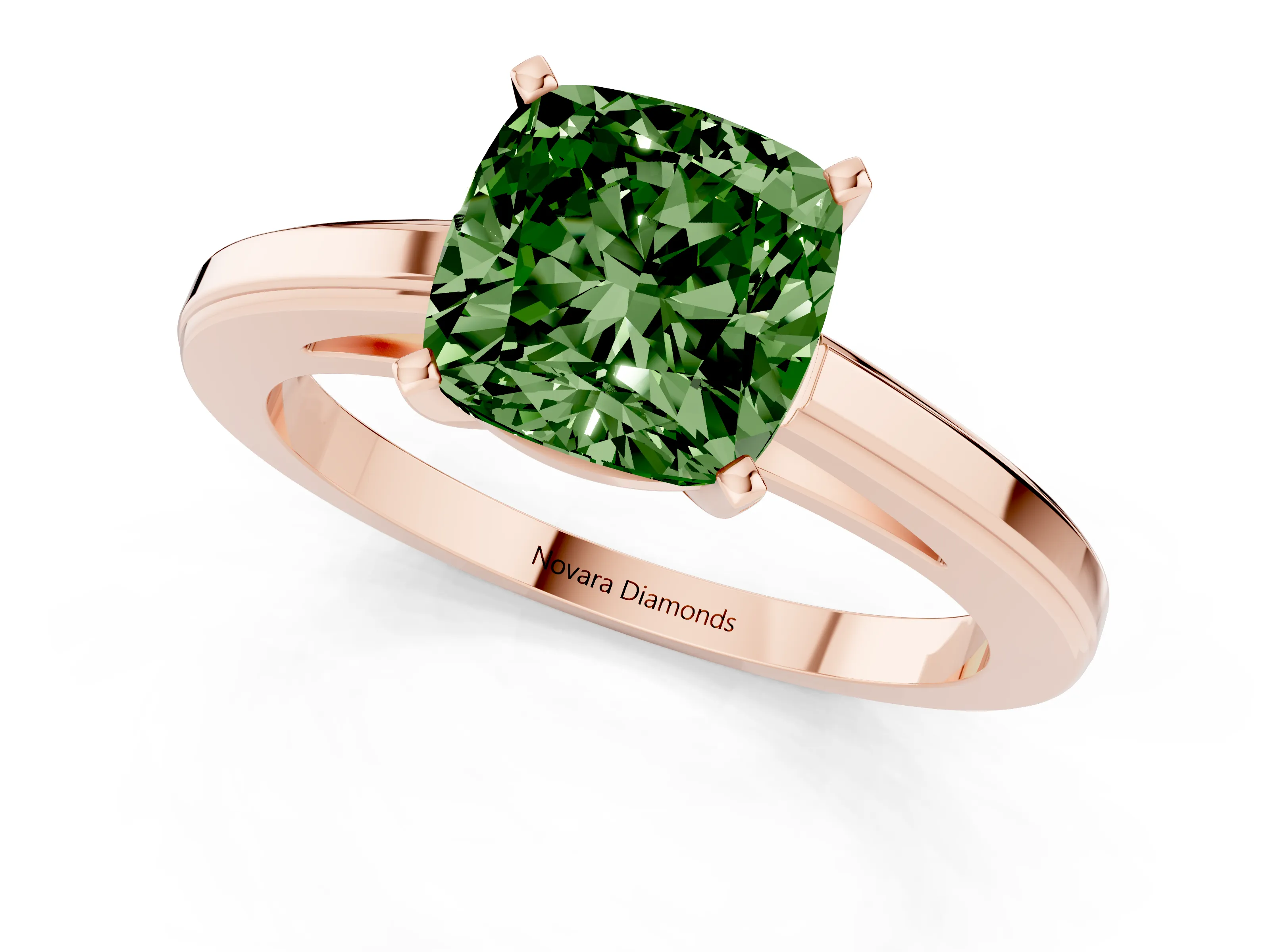 Fancy Green Cushion Cut Diamond Solitaire Ring Set in Rose gold with Prong Setting and Classic Band