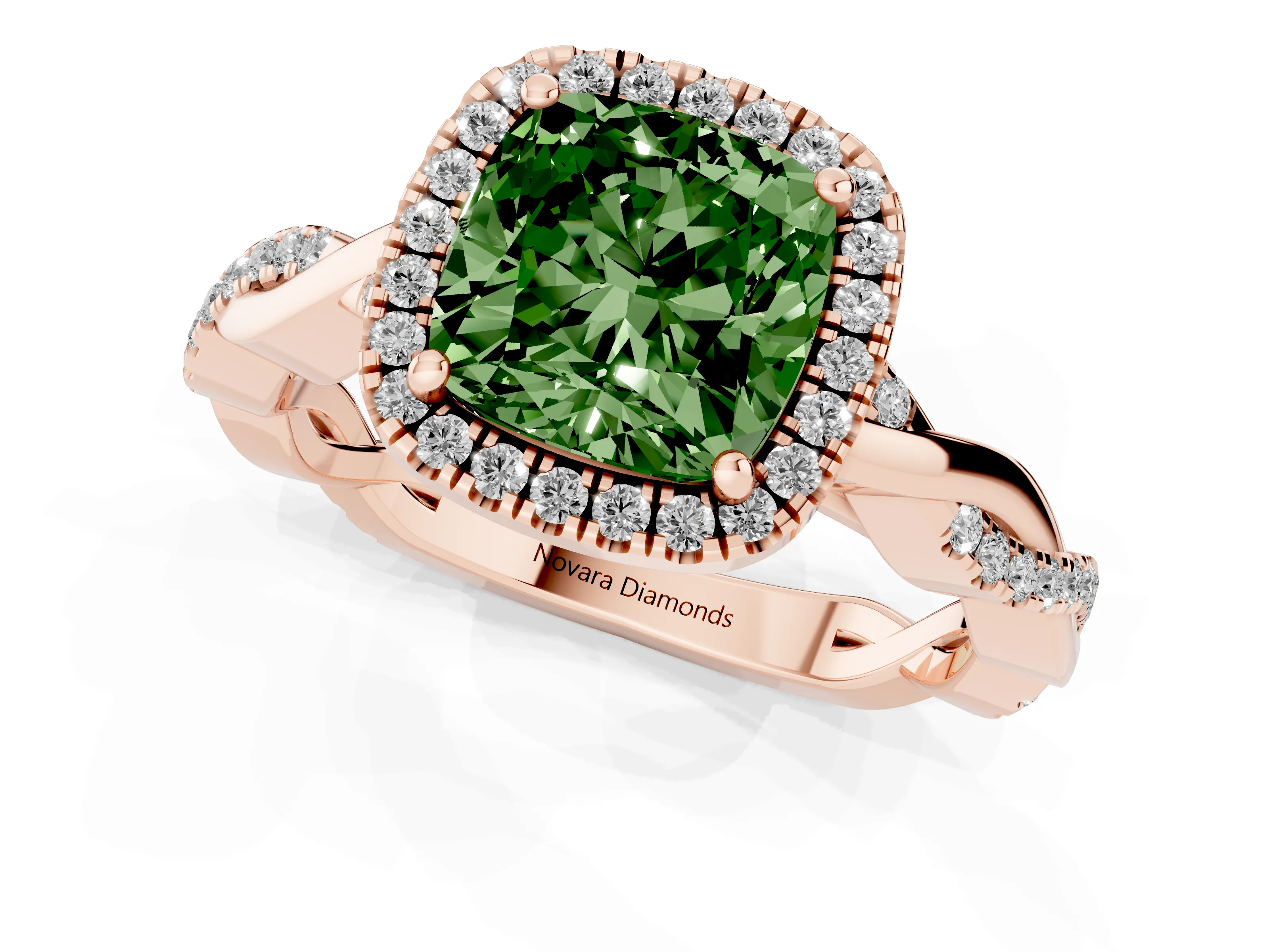 Fancy Green Cushion Cut Diamond Halo Twisted Band Ring Set in Rose gold with Prong Setting