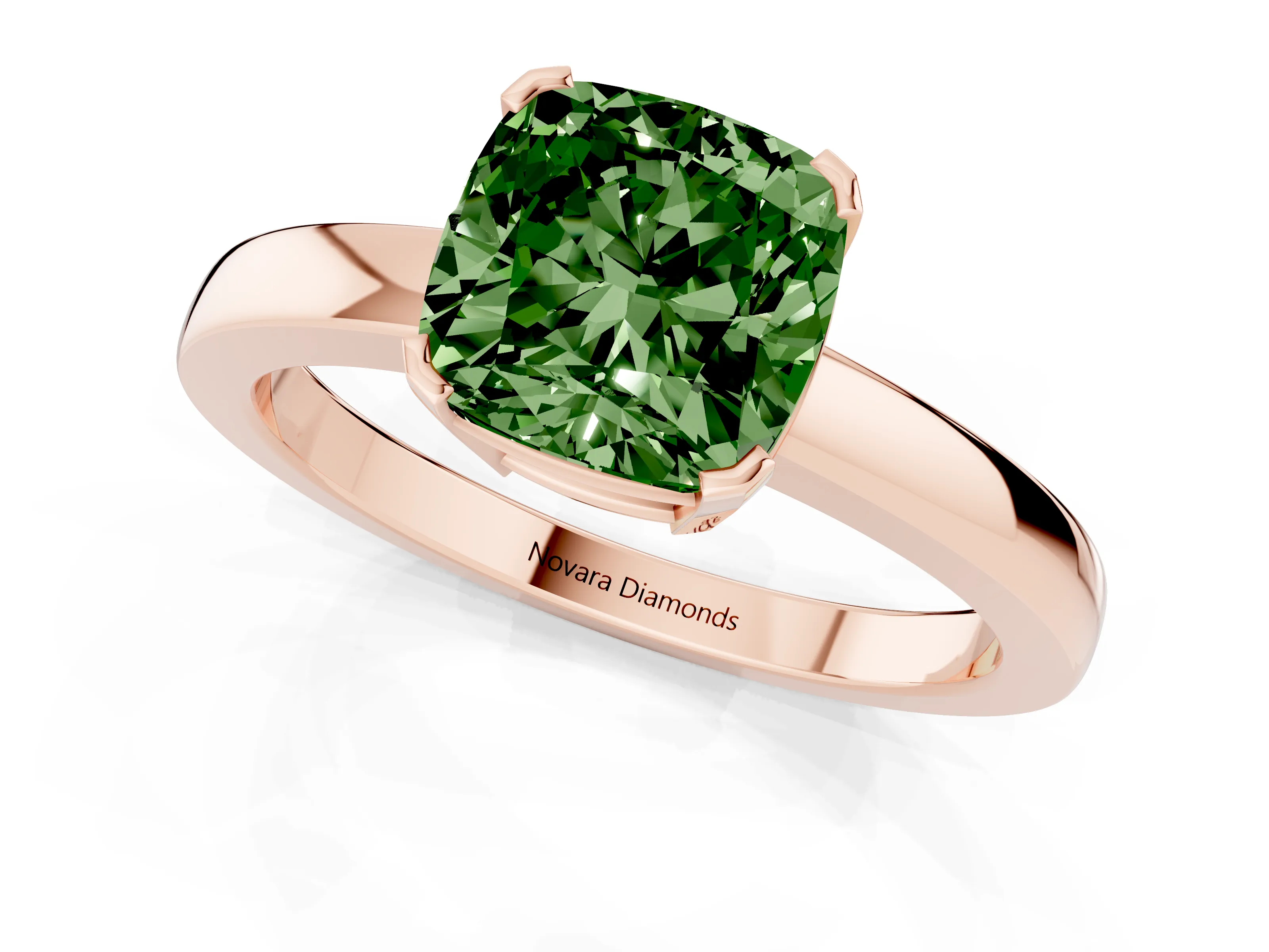 Fancy Green Cushion Cut Diamond Solitaire Ring Set in Rose gold with Prong Head and Smooth Polished Band