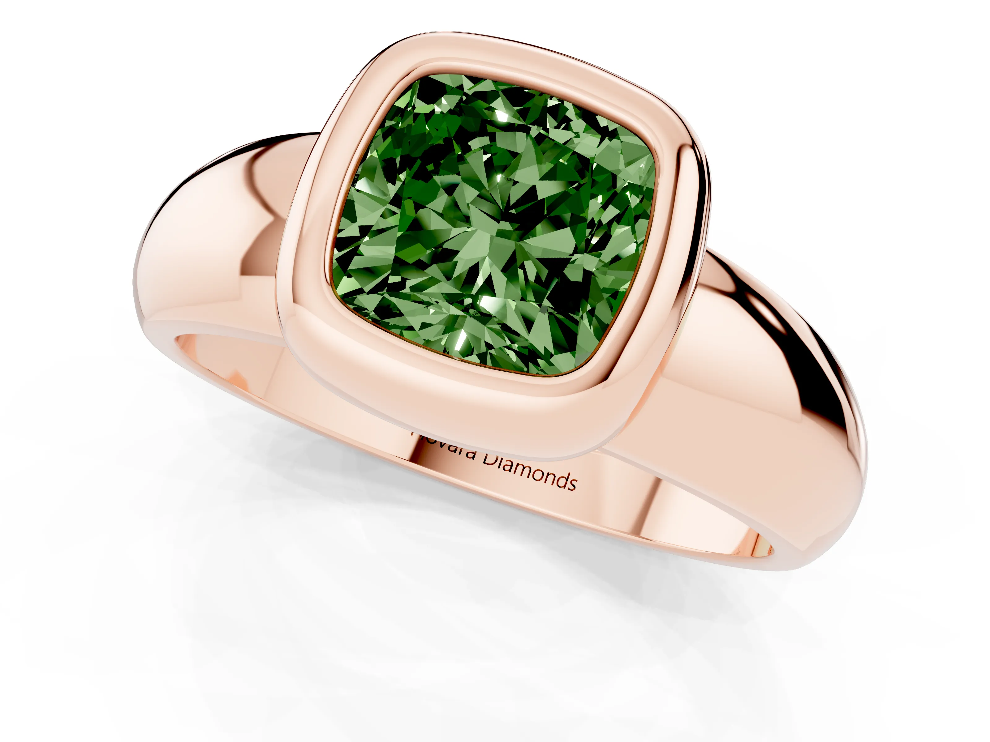 Fancy Green Bezel Set Cushion Cut Diamond Solitaire Ring Set in Rose gold with Wide Band