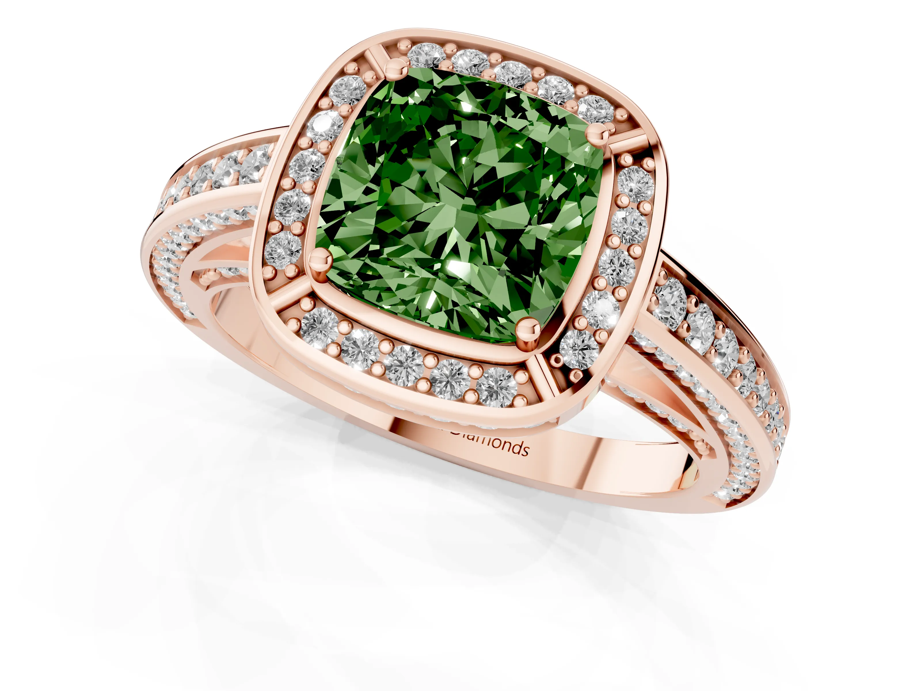 Fancy Green Cushion Cut Diamond Halo Pavé Split Shank Ring Set in Rose gold with Prong Setting