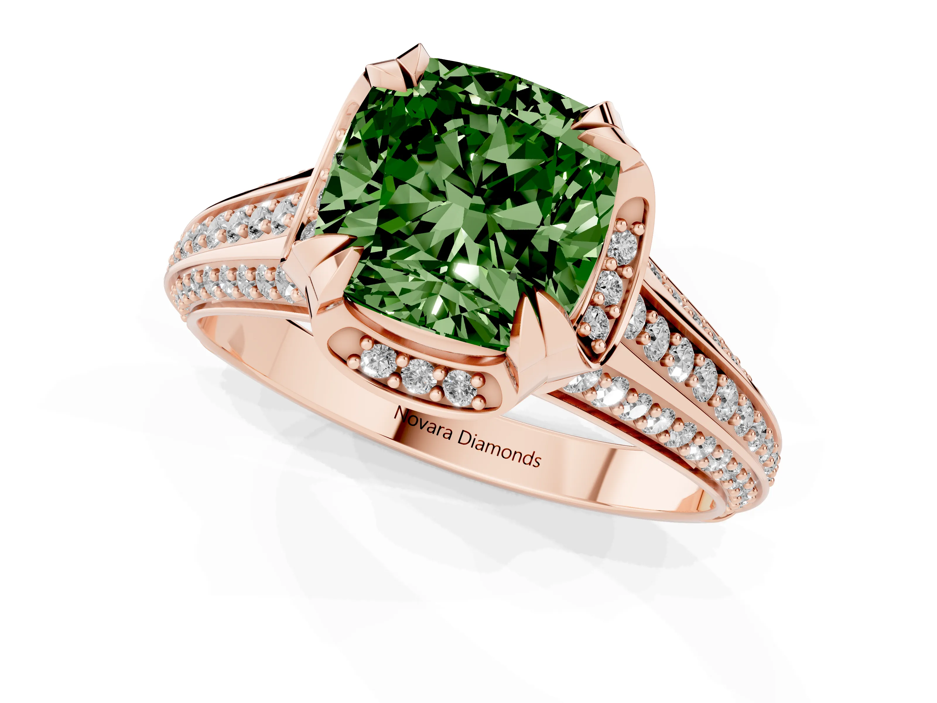 Fancy Green Cushion Cut Diamond Pavé Split Shank Solitaire Ring Set in Rose gold with Prong Setting