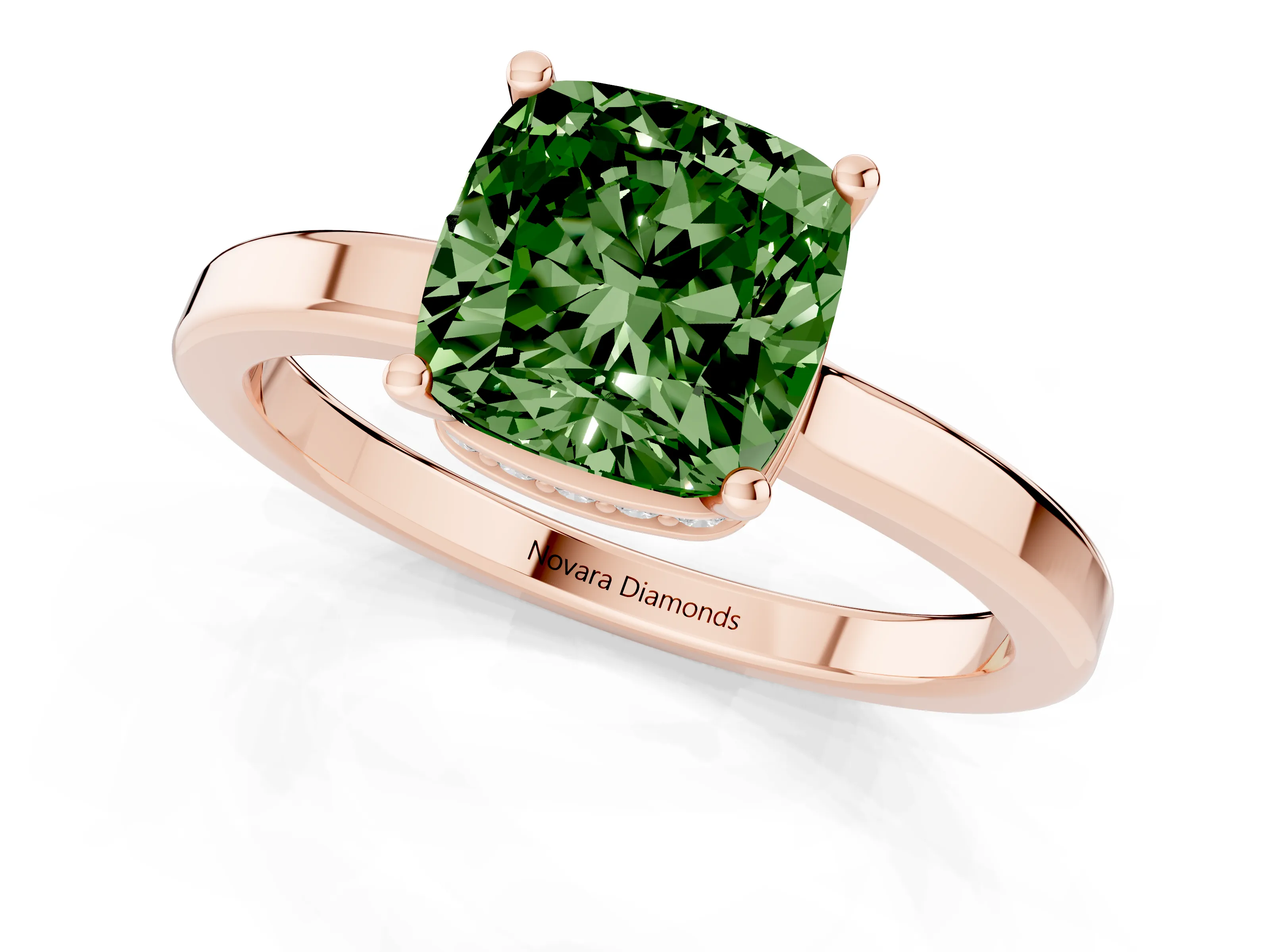 Fancy Green Cushion Cut Diamond Solitaire Engagement Ring Set in Rose gold with Prong Setting on a Plain Band