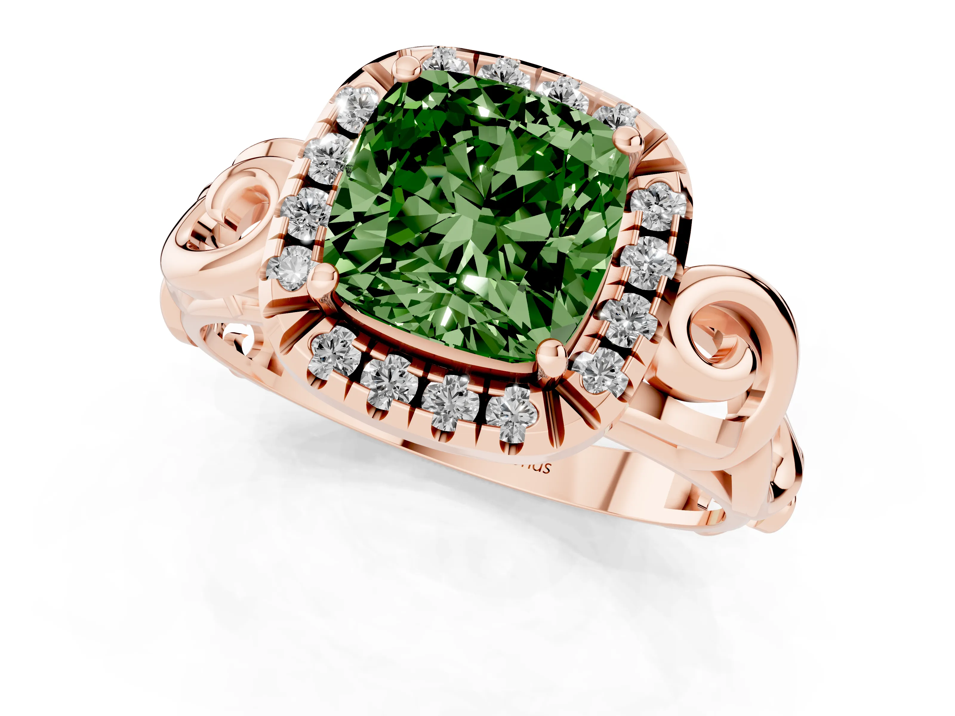 Fancy Green Cushion Cut Diamond Halo Ring Set in Rose gold with Scrollwork Band and Prong Setting
