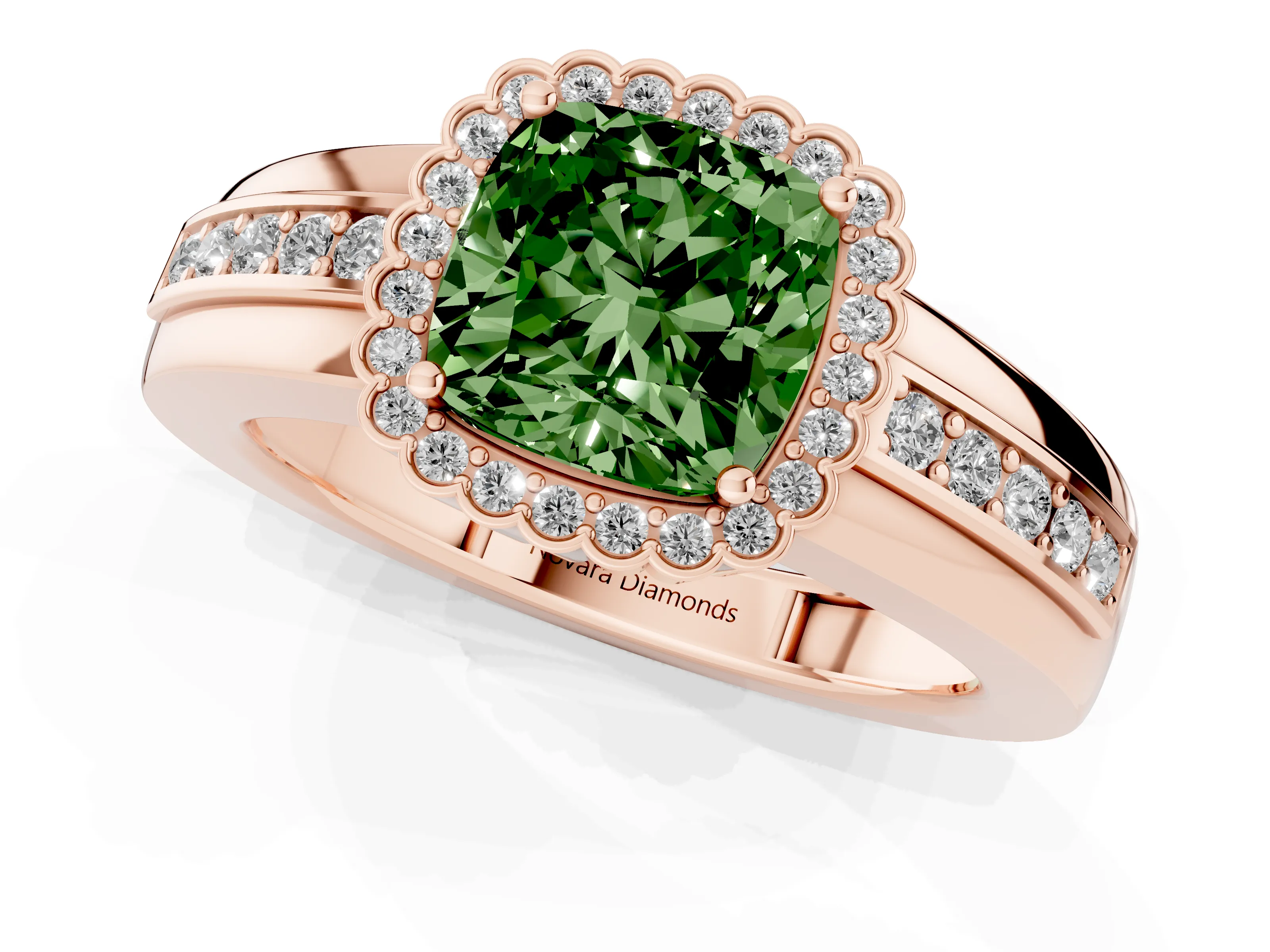 Fancy Green Cushion Cut Diamond Halo Prong Ring Set in Rose gold with Pavé Band
