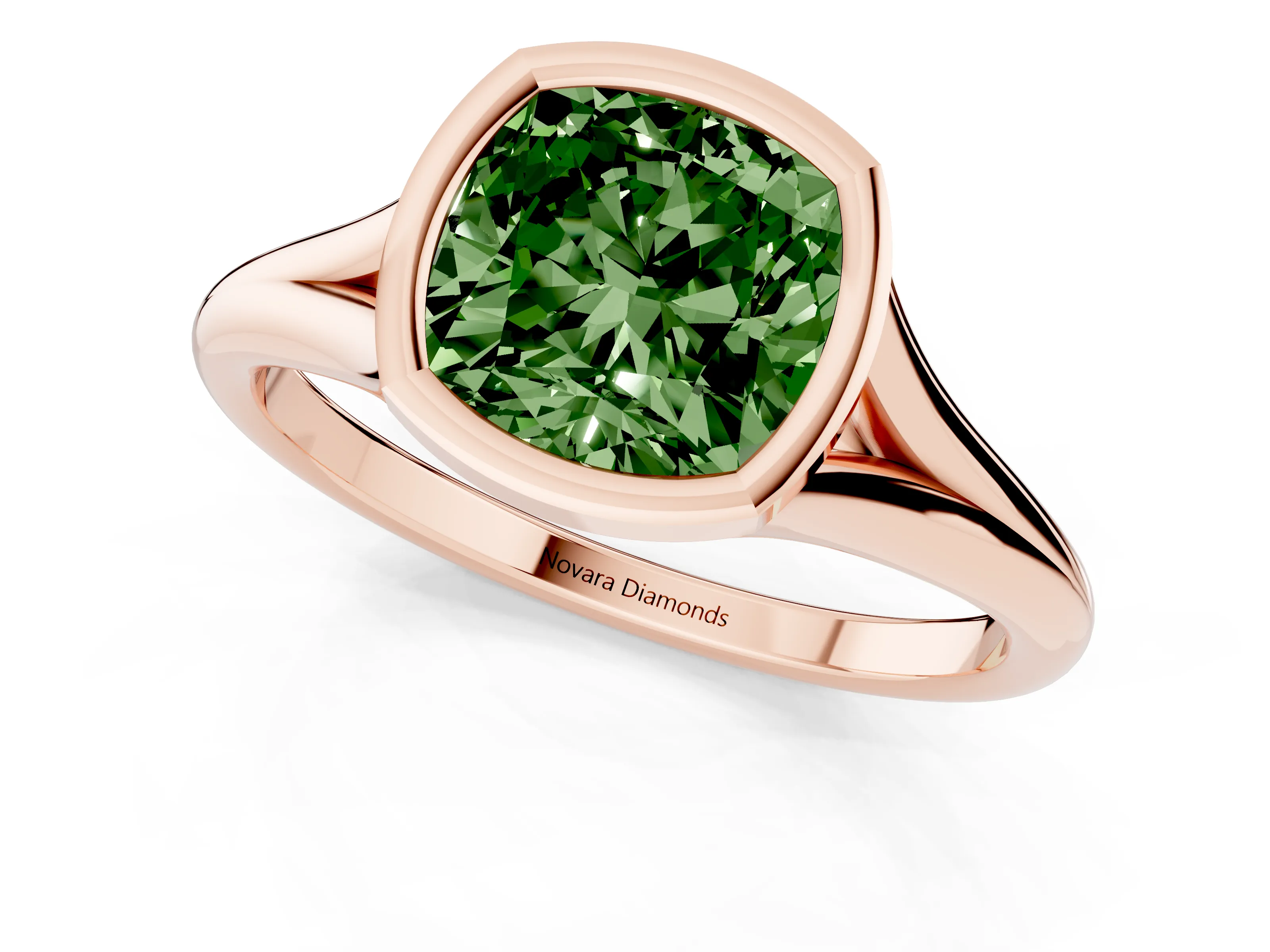 Fancy Green Bezel Set Cushion Cut Diamond Solitaire Ring Set in Rose gold with Tapered Band