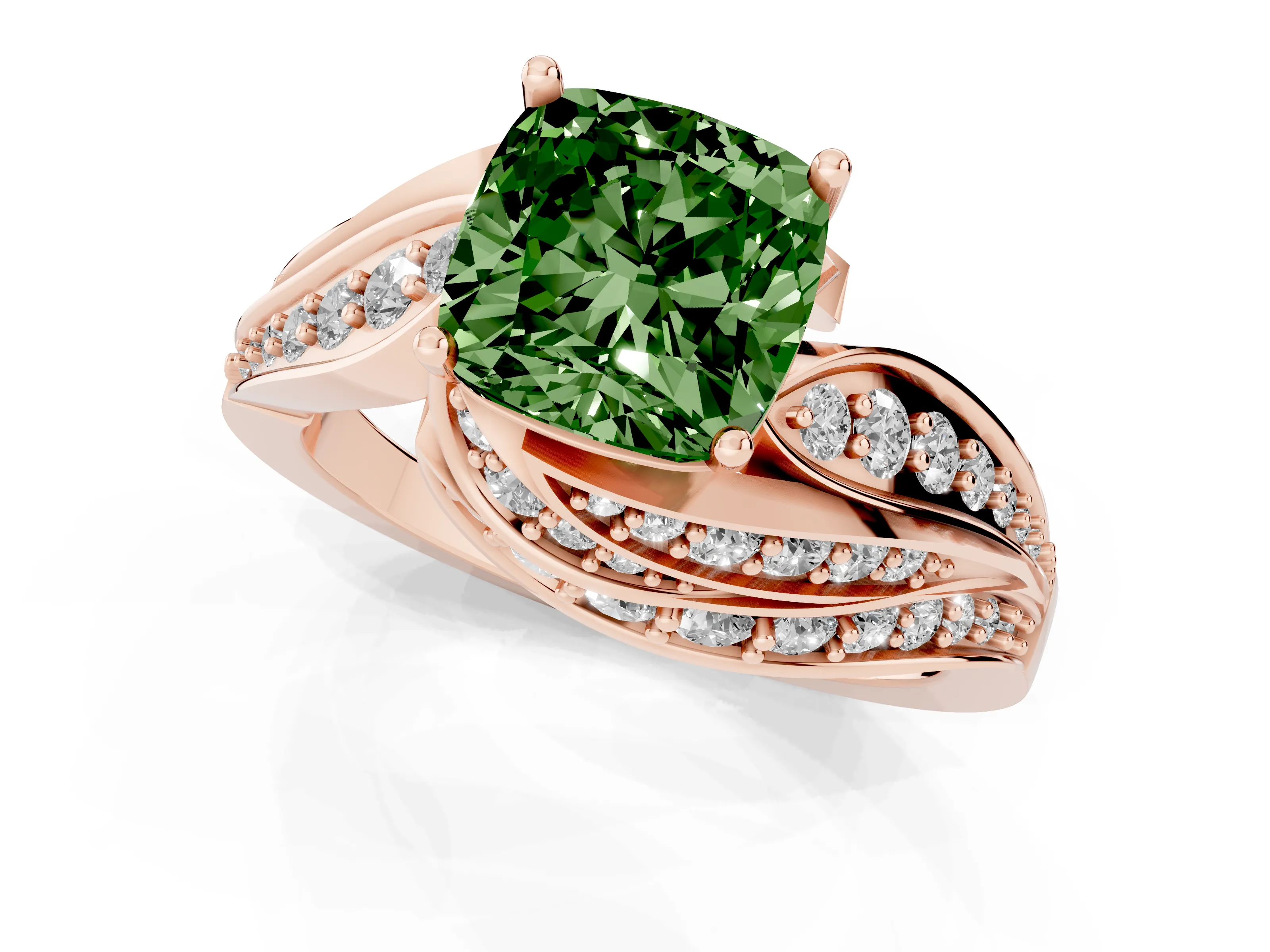 Fancy Green Cushion Cut Diamond Solitaire Ring Set in Rose gold with Layered Twist Pavé Band