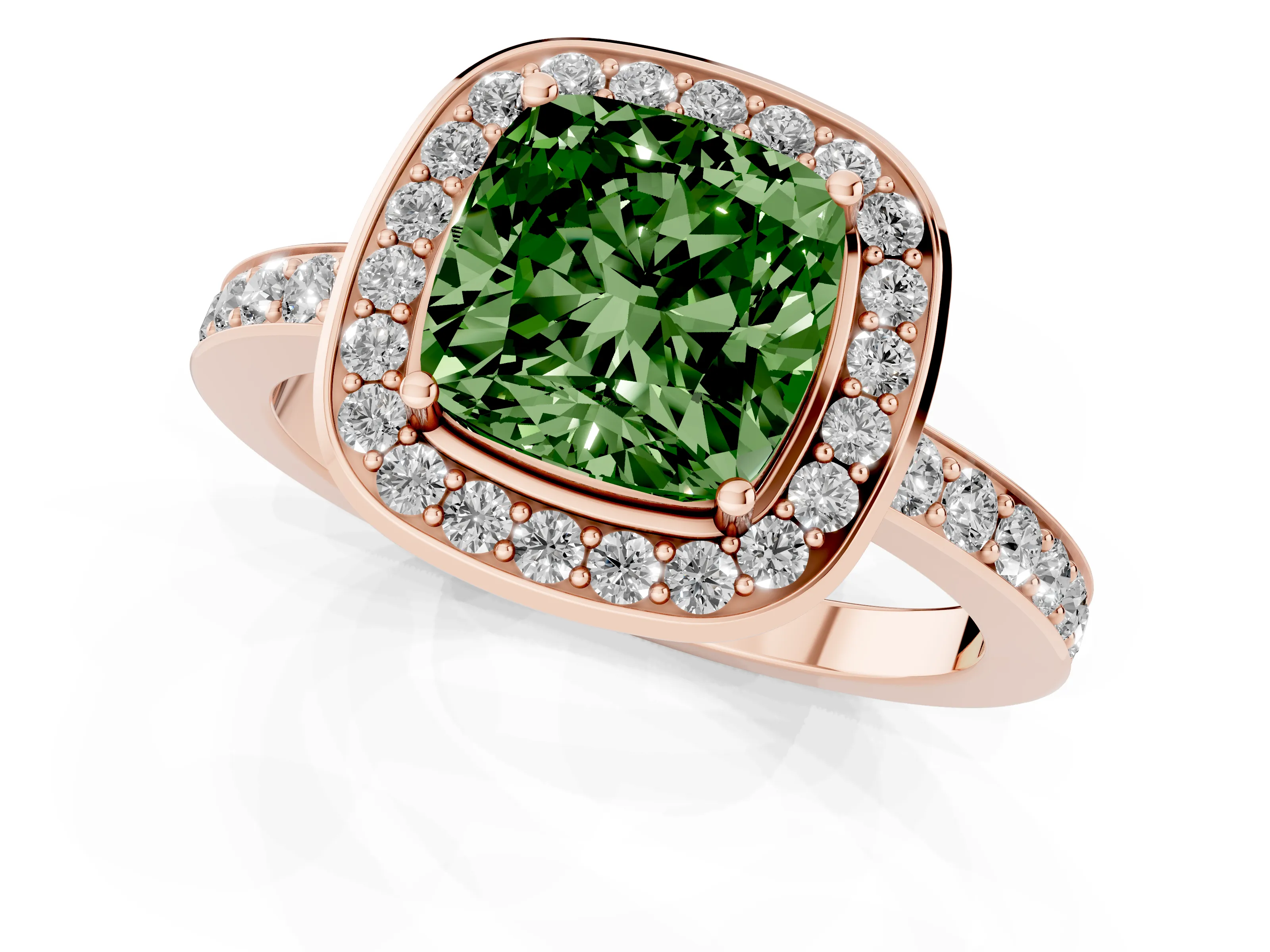 Fancy Green Cushion Cut Diamond Halo Ring Set in Rose gold with Bezel Frame and Pavé Band