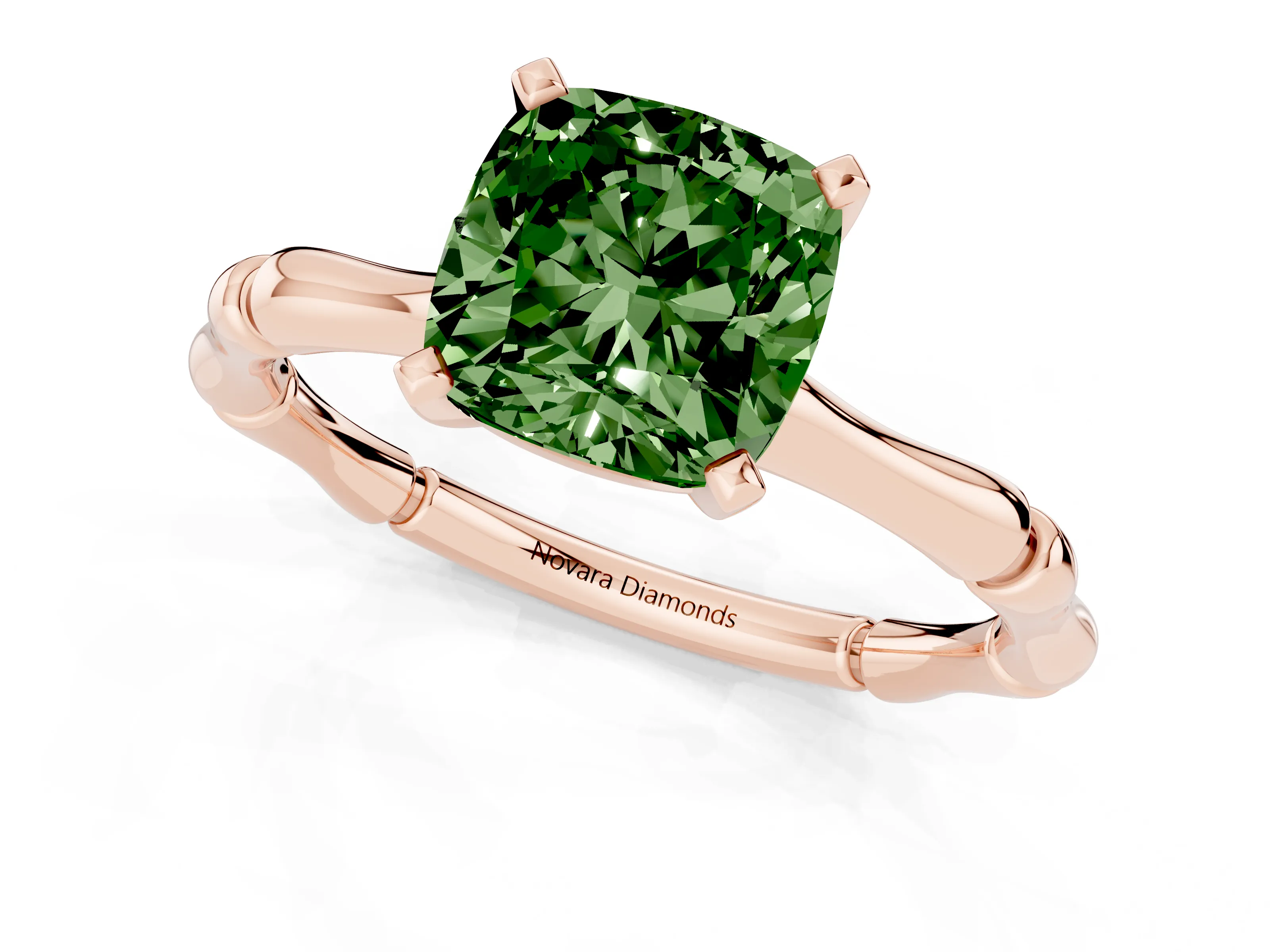 Fancy Green Cushion Cut Diamond Solitaire Ring Set in Rose gold with Bamboo Band and Prong Setting