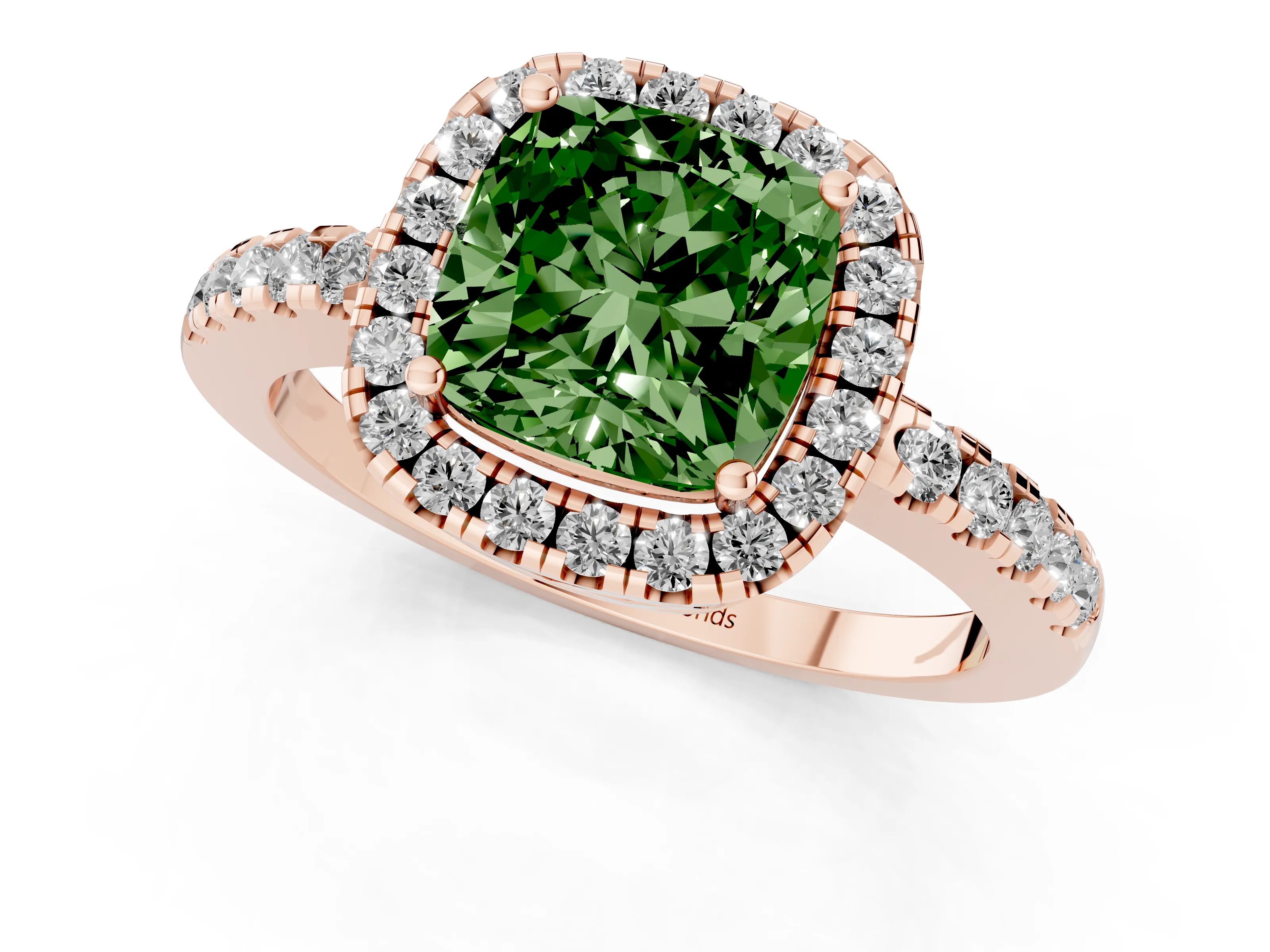 Fancy Green Cushion Cut Diamond Pavé Band Halo Engagement Ring Set in Rose gold with Prong Setting