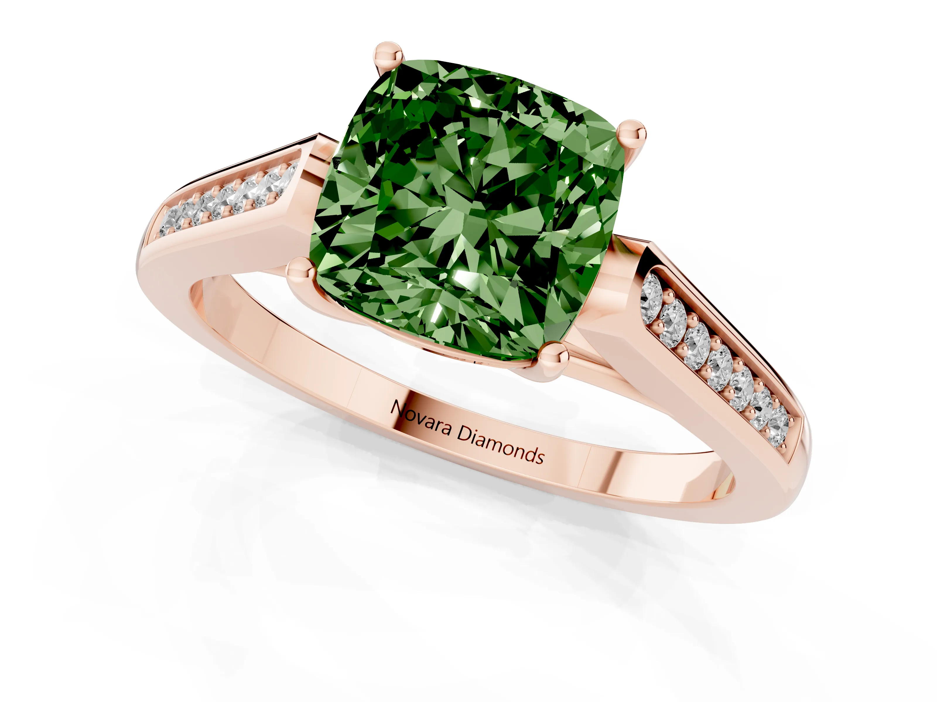 Fancy Green Cushion Cut Diamond Solitaire Cathedral Engagement Ring Set in Rose gold with Channel-Set Band and Prong Setting