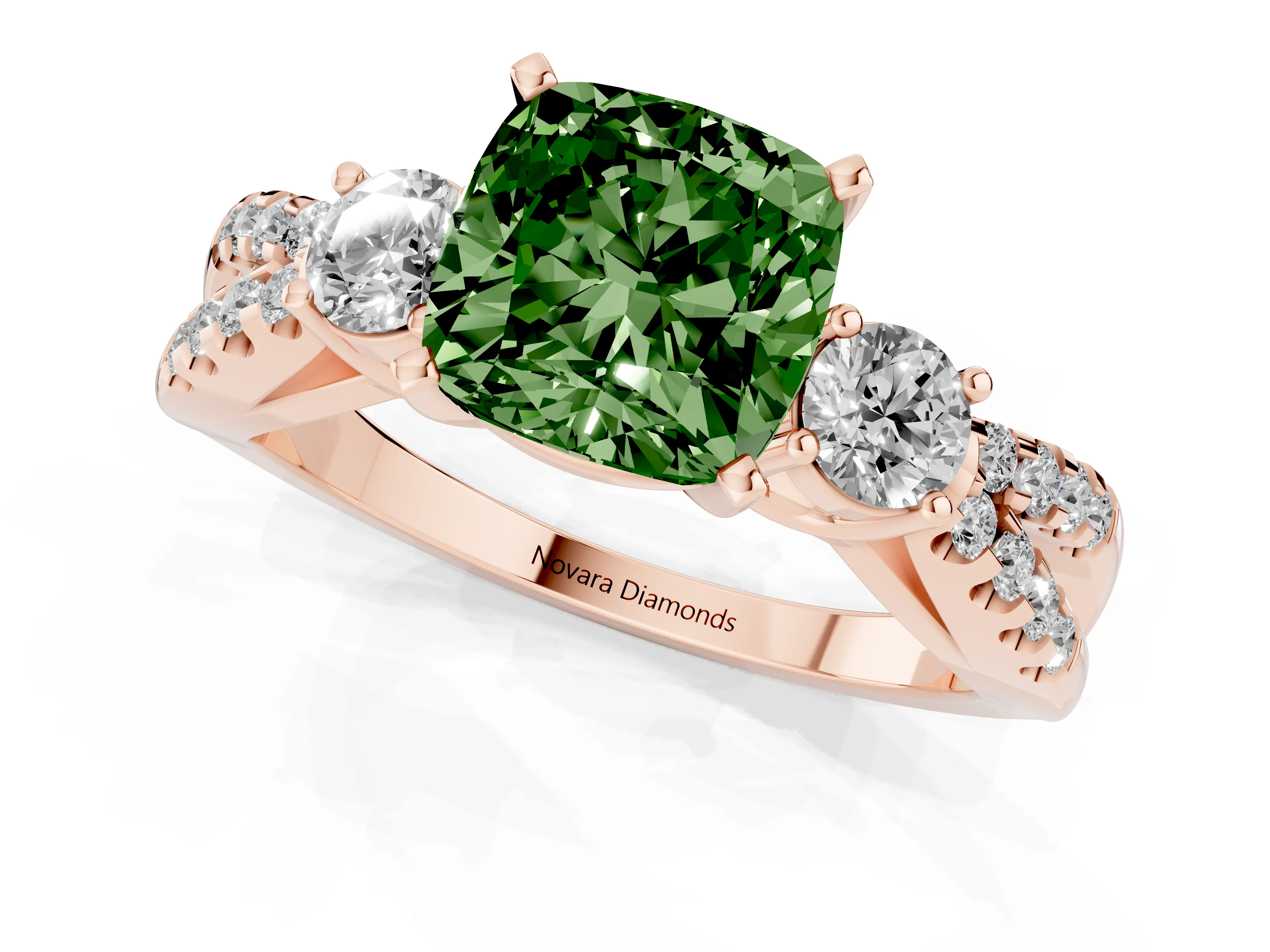 Fancy Green Cushion Cut Diamond Three-Stone Ring Set in Rose gold with Pavé Split Shank and Prong Setting