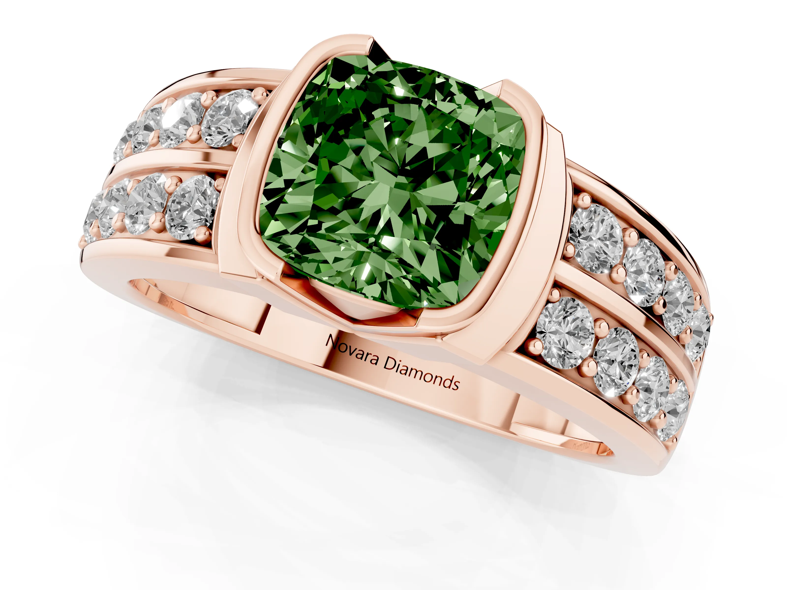 Fancy Green Cushion Cut Diamond Wide Channel Set Band Ring Set in Rose gold with Bezel Setting