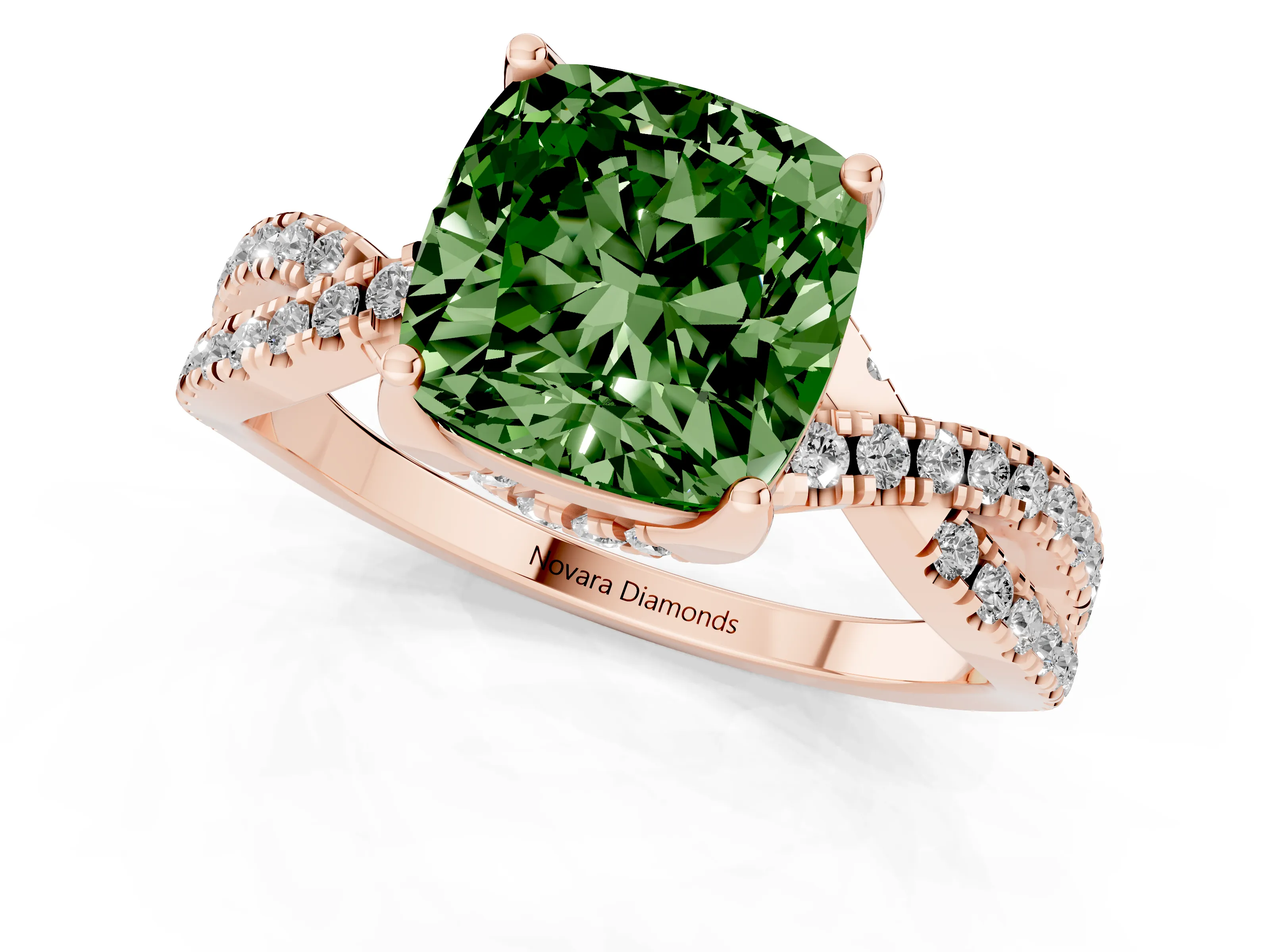 Fancy Green Cushion Cut Diamond Twist Pavé Solitaire Engagement Ring Set in Rose gold with Prong Setting