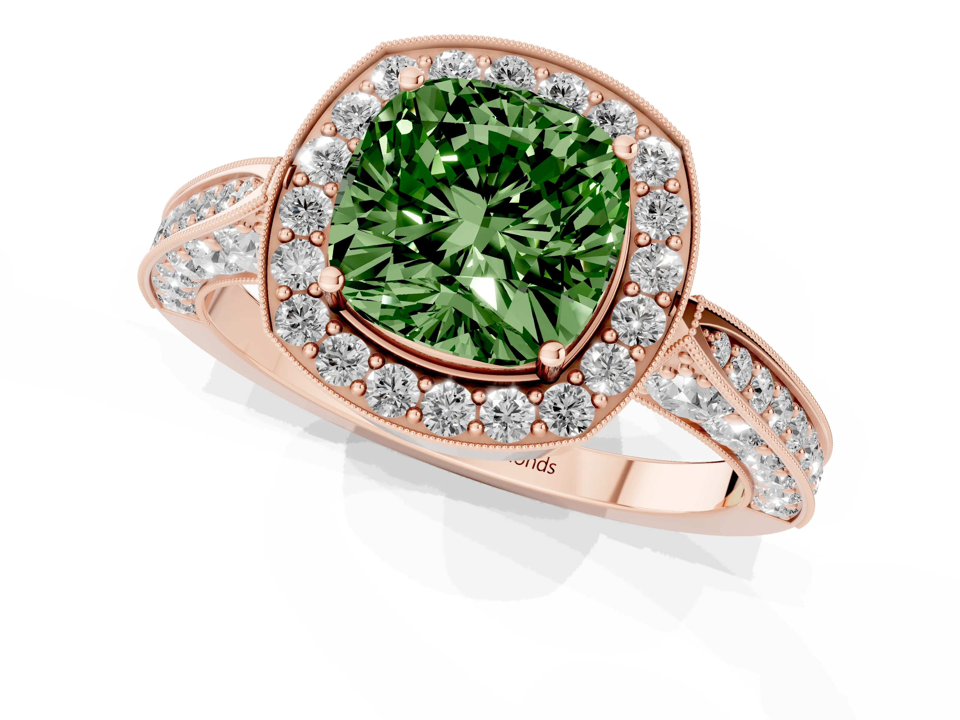 Fancy Green Cushion Cut Diamond Halo Engagement Ring Set in Rose gold with Accent Split Shank Band