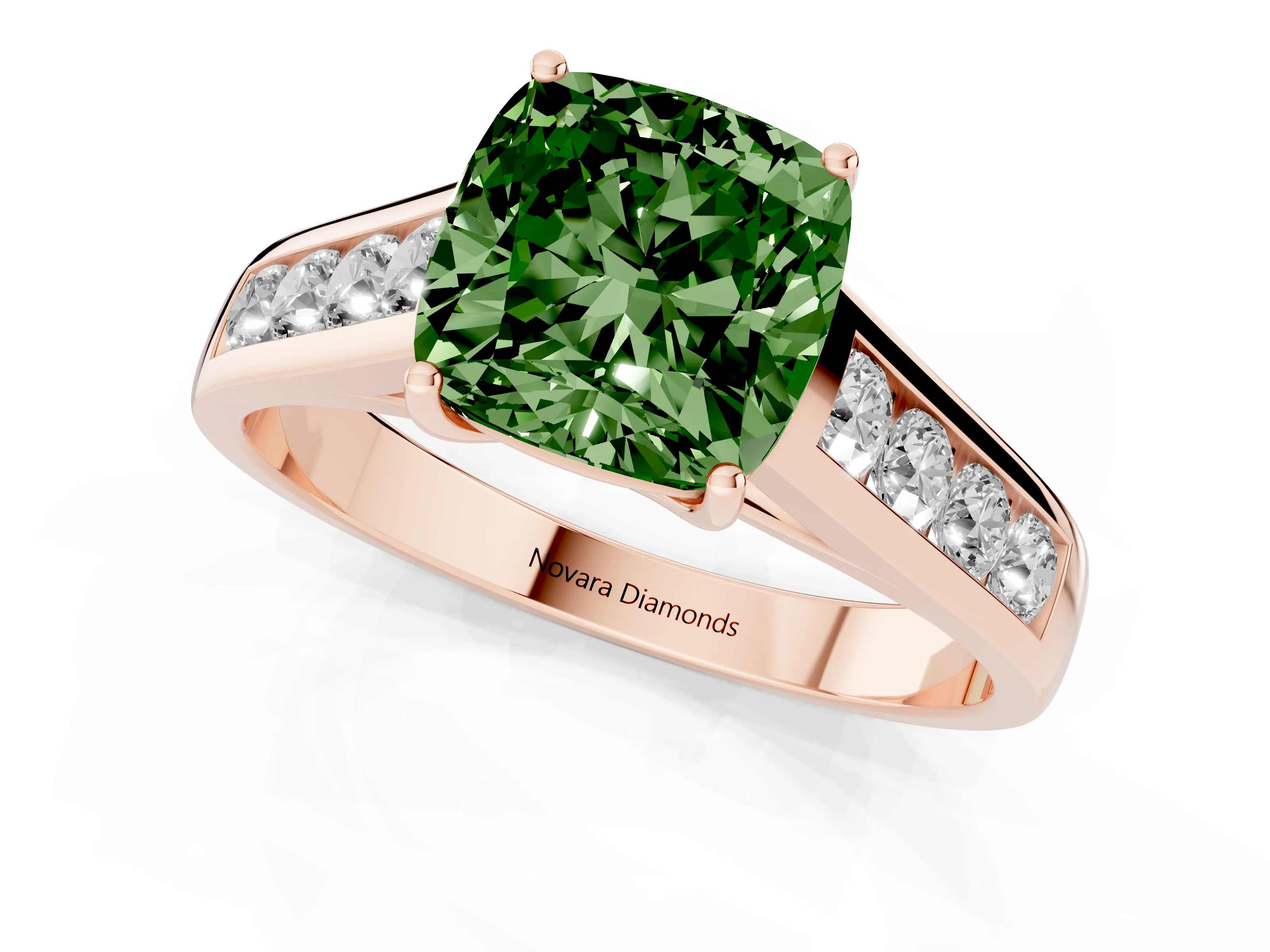 Fancy Green Cushion Cut Diamond Brilliant Channel-Set Solitaire Ring Set in Rose gold with Prong Setting