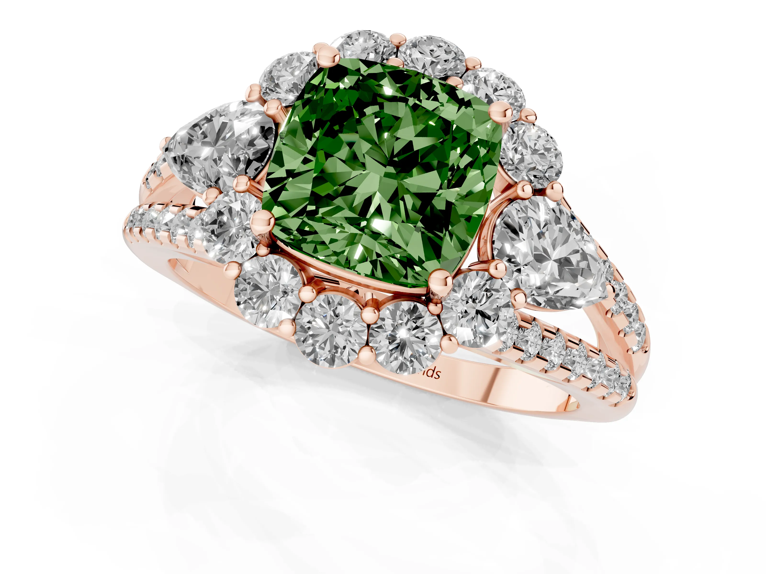 Fancy Green Cushion Cut Diamond Halo Split Shank Engagement Ring Set in Rose gold with Prong-Held Center Stone