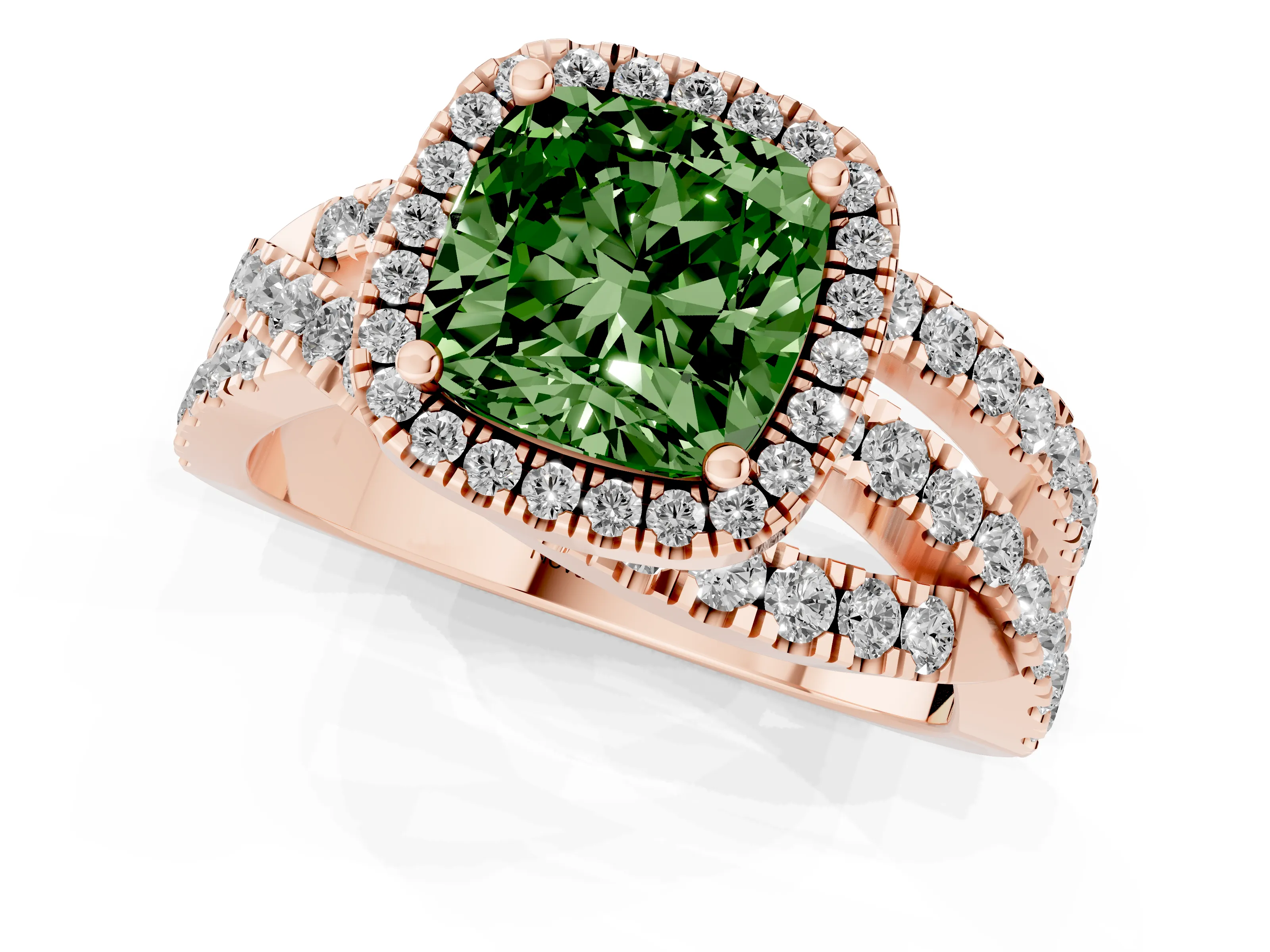 Fancy Green Cushion Cut Diamond Halo Ring Set in Rose gold with Round Crossover Split Shank and Prong Setting