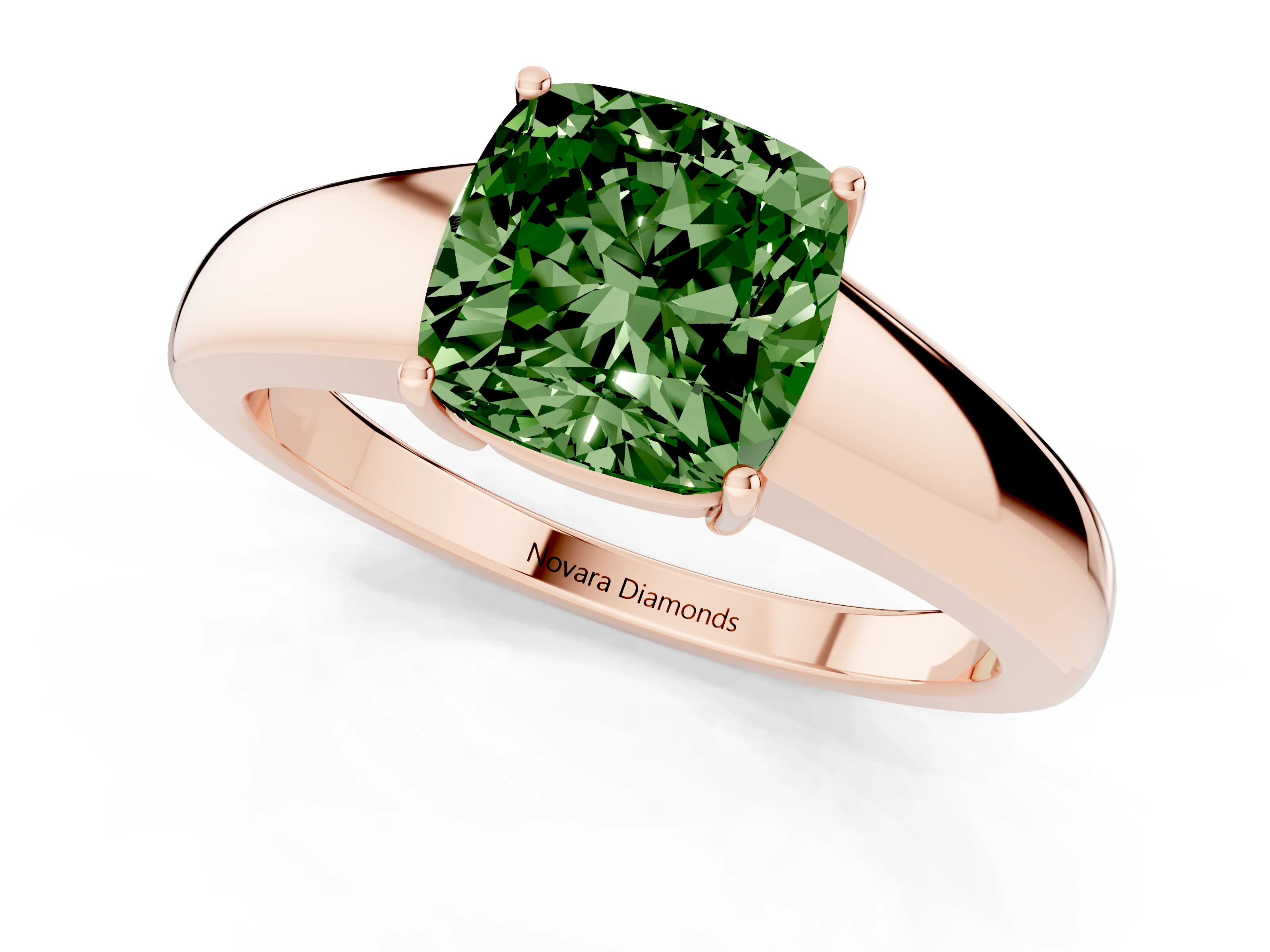 Fancy Green Cushion Cut Diamond Solitaire Ring Set in Rose gold with Tapered Band and Prong Setting