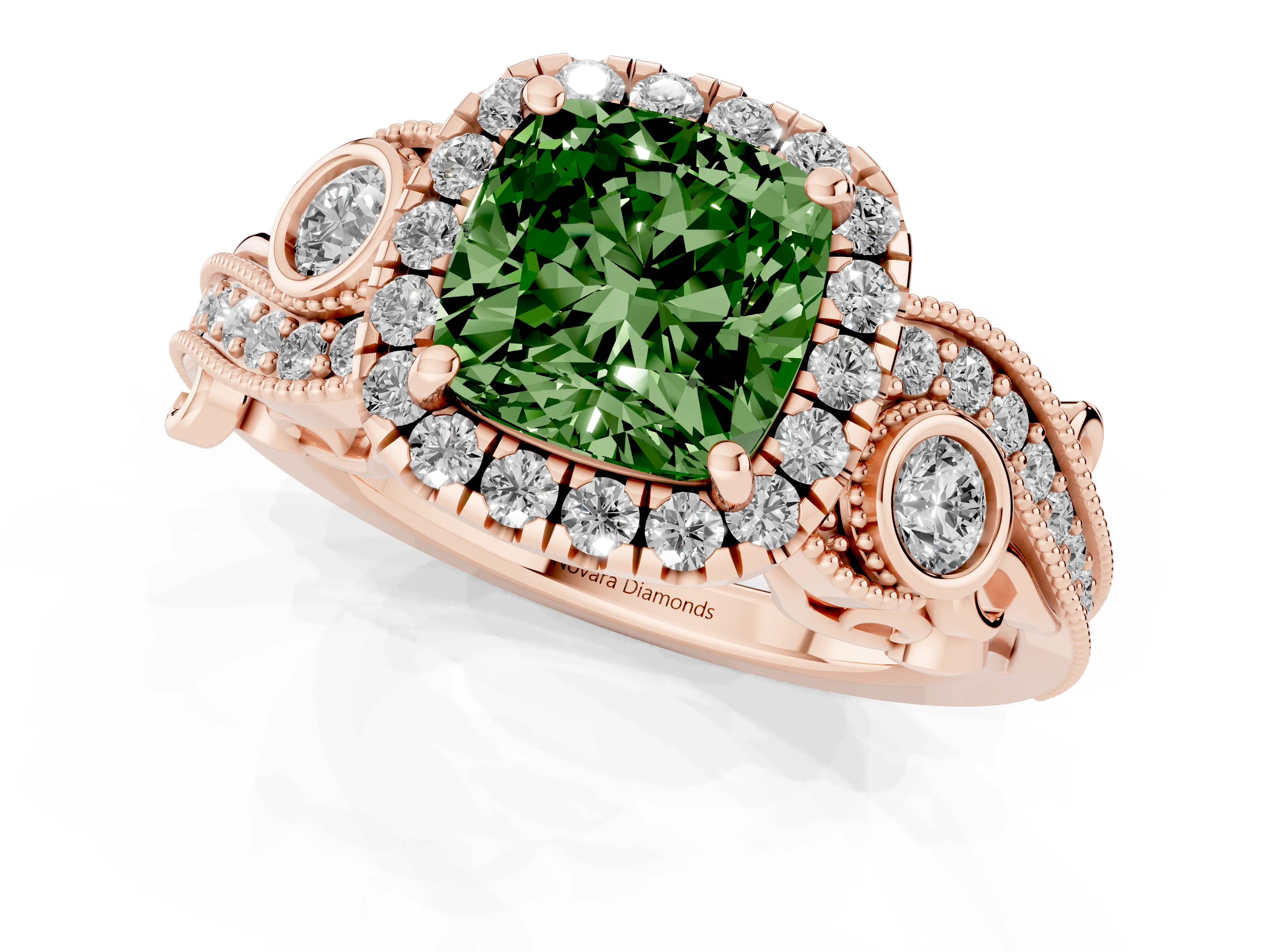 Fancy Green Cushion Cut Diamond Halo Ring Set in Rose gold with Milgrain Pavé Band and Prong Setting